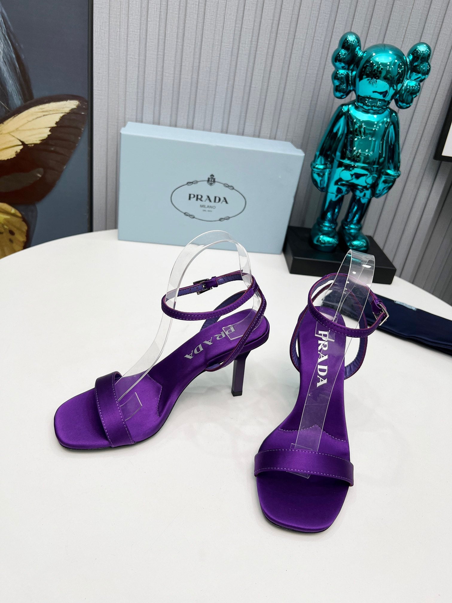 PRADA 26S ANKLE STRAP SANDALS STILETTO HEEL 80MM IN DEEP PURPLE SATIN