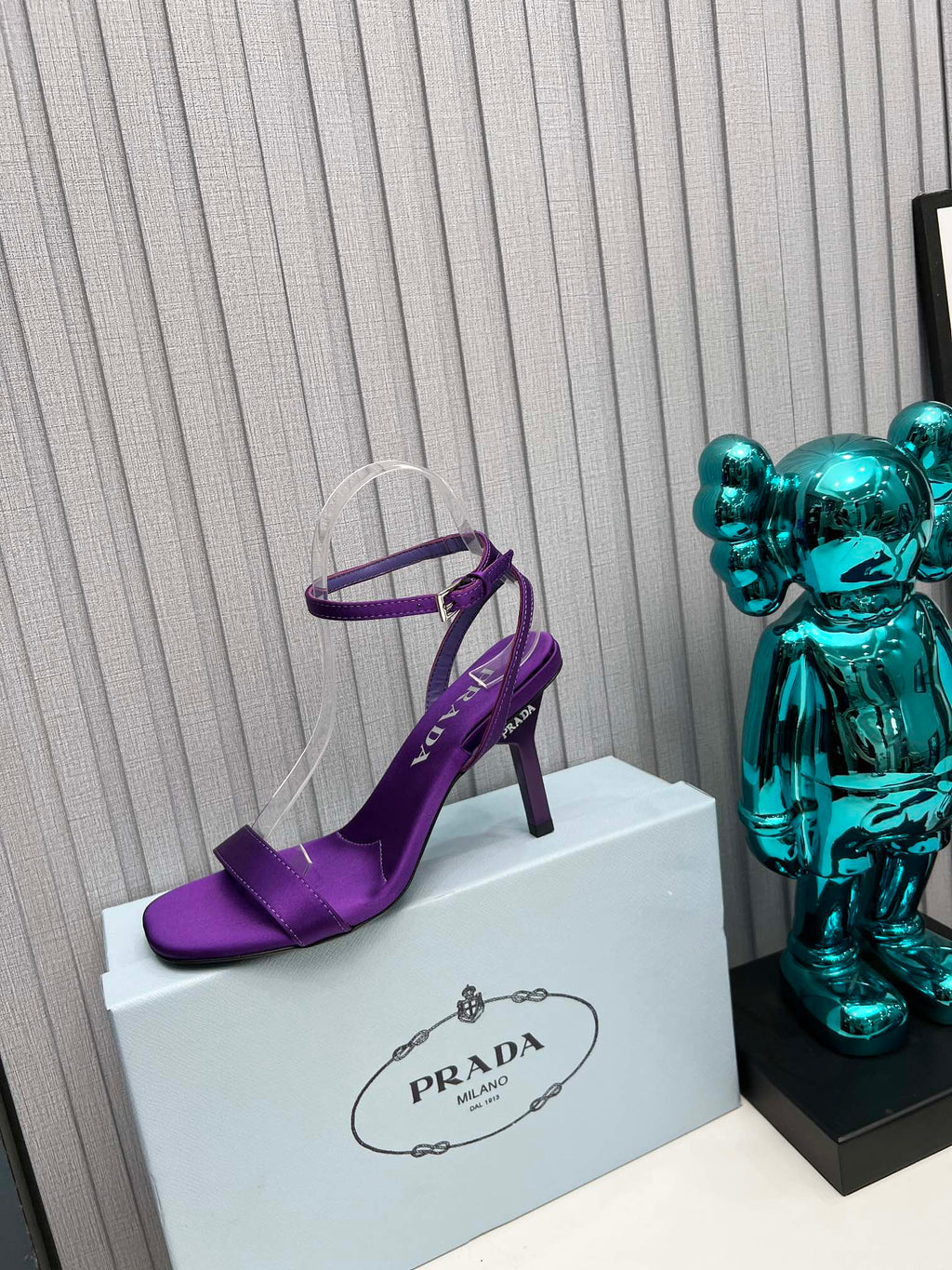 PRADA 26S ANKLE STRAP SANDALS STILETTO HEEL 80MM IN DEEP PURPLE SATIN