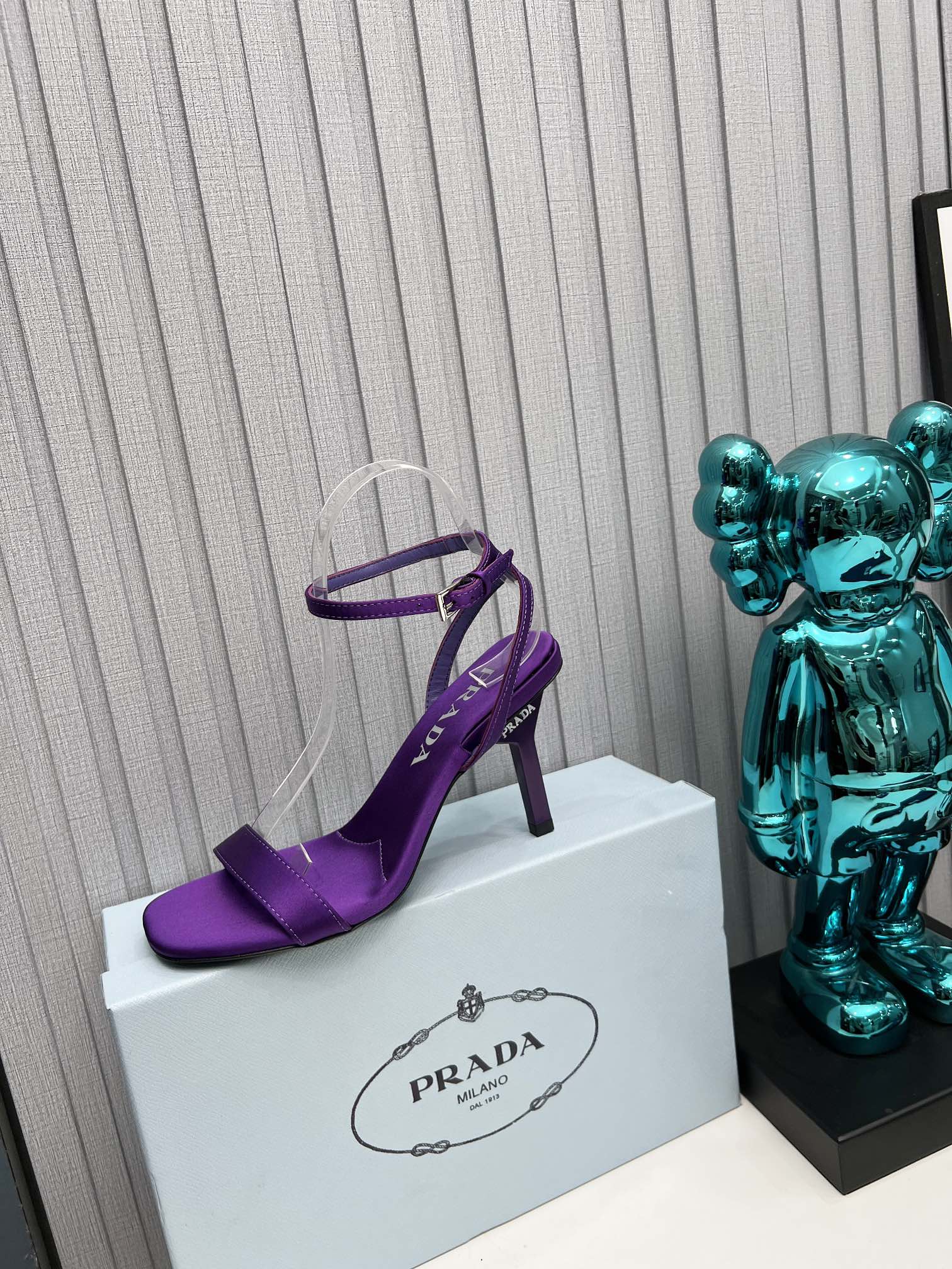 PRADA 26S ANKLE STRAP SANDALS STILETTO HEEL 80MM IN DEEP PURPLE SATIN