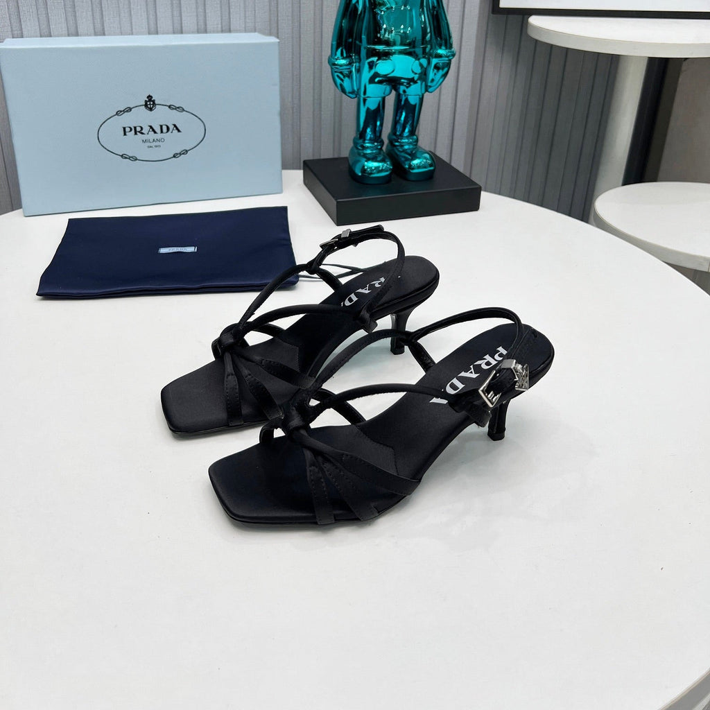 PRADA 26S STRAPPY SANDALS STILETTO HEEL 60MM IN BLACK SATIN