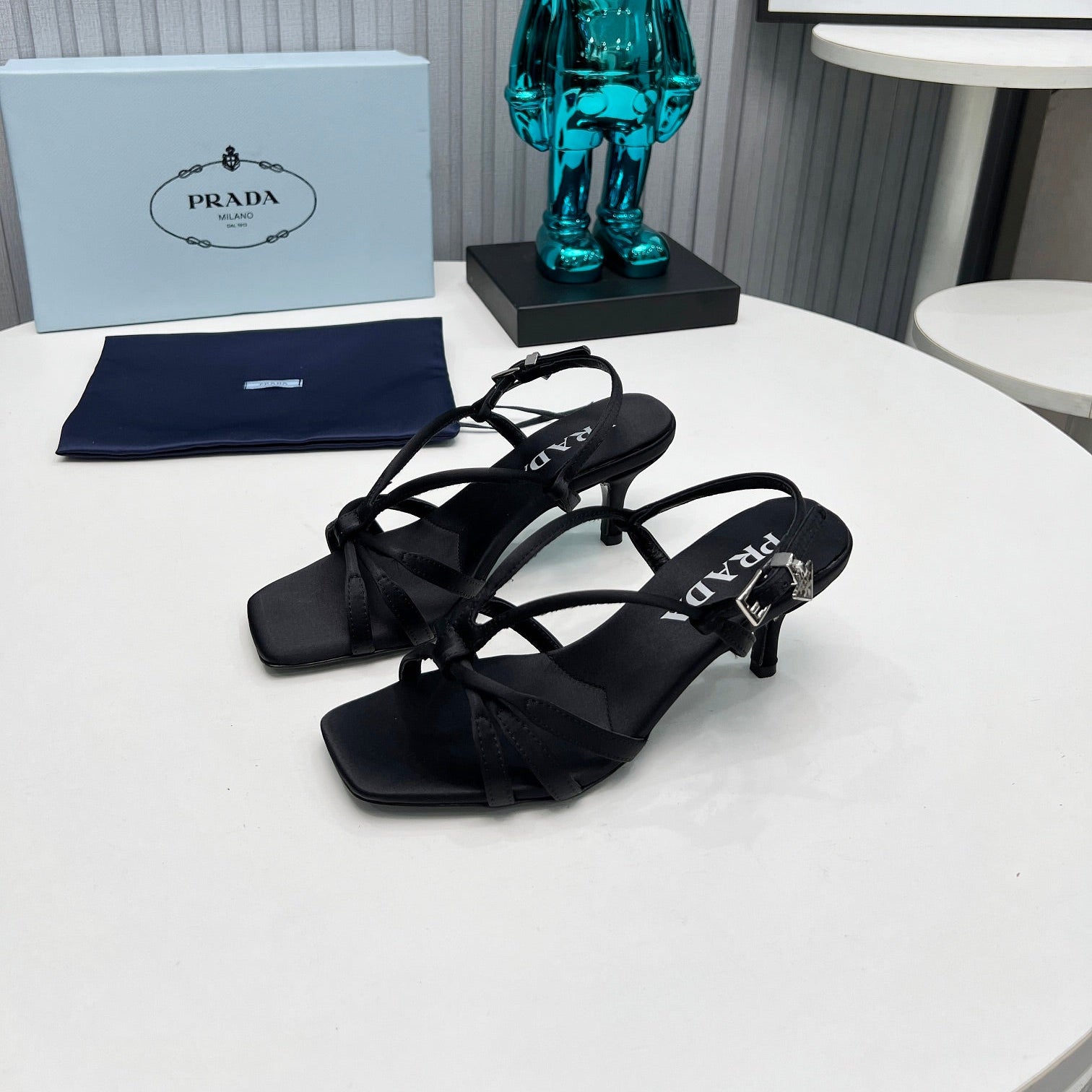 PRADA 26S STRAPPY SANDALS STILETTO HEEL 60MM IN BLACK SATIN