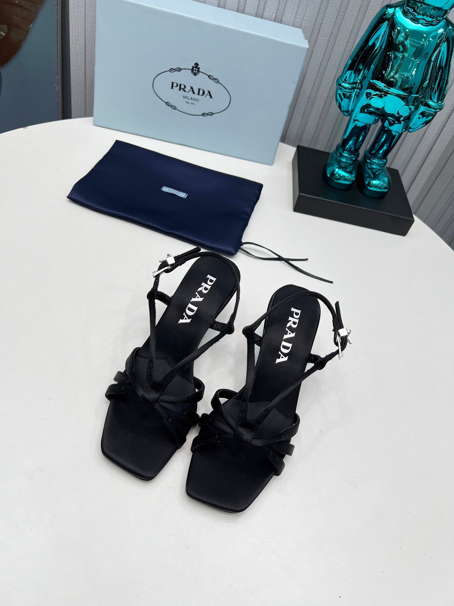 PRADA 26S STRAPPY SANDALS STILETTO HEEL 60MM IN BLACK SATIN