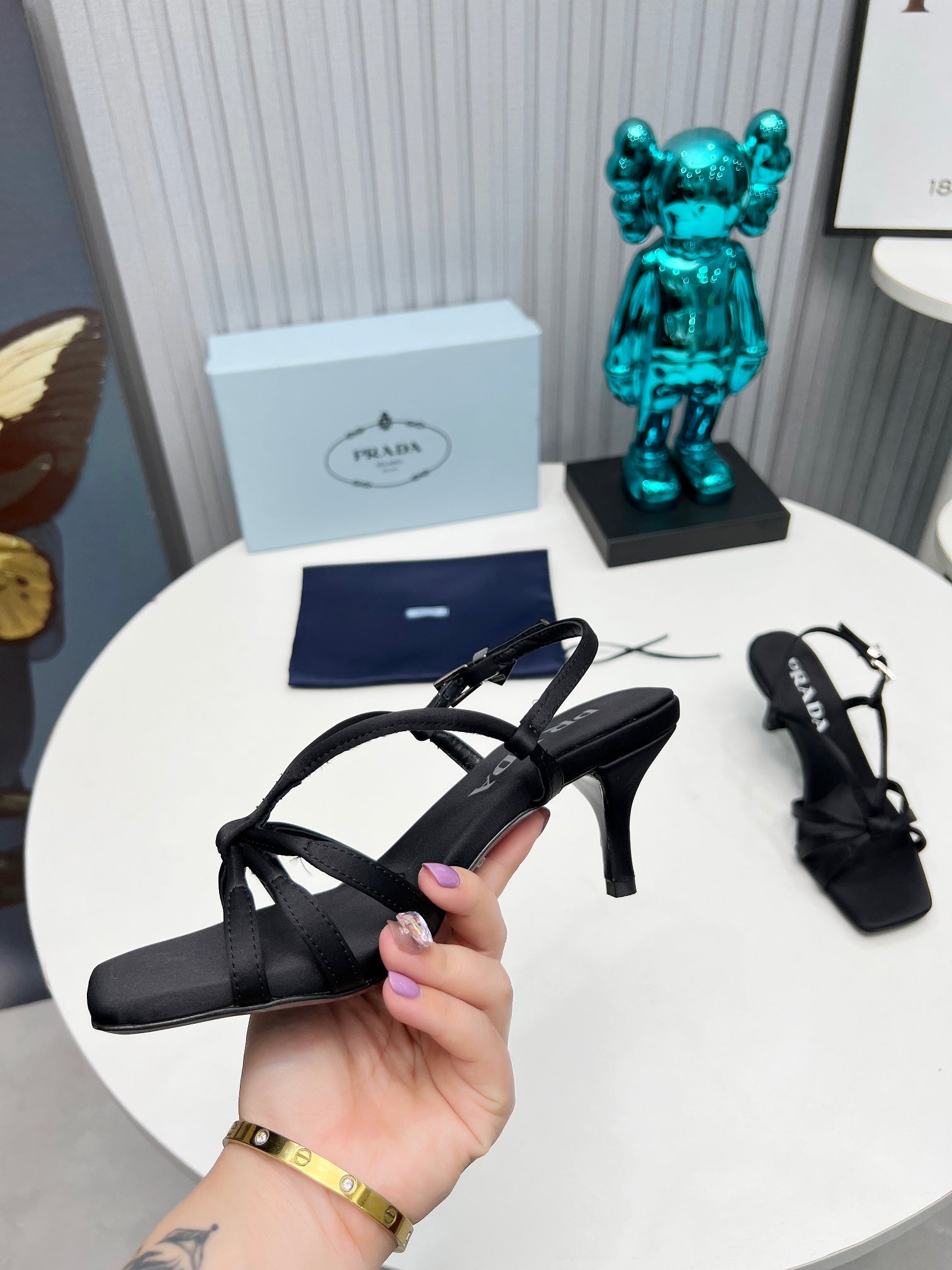 PRADA 26S STRAPPY SANDALS STILETTO HEEL 60MM IN BLACK SATIN