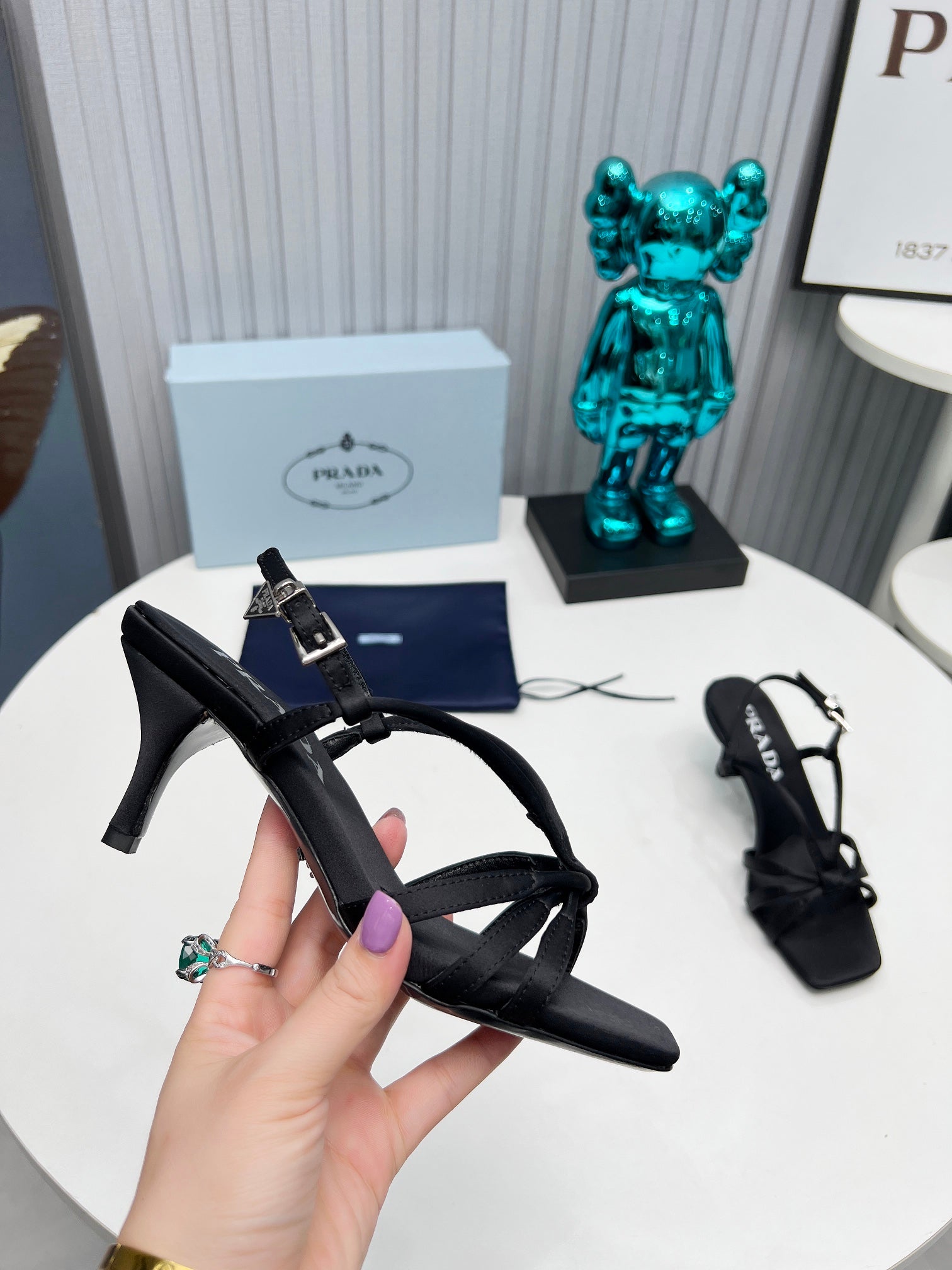 PRADA 26S STRAPPY SANDALS STILETTO HEEL 60MM IN BLACK SATIN