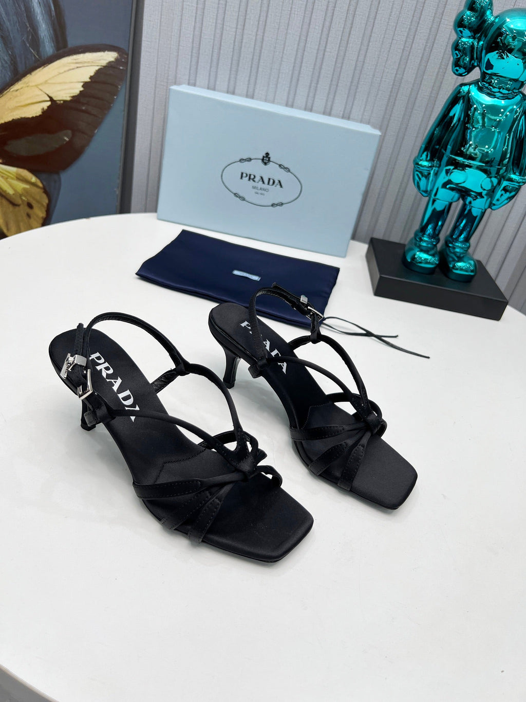 PRADA 26S STRAPPY SANDALS STILETTO HEEL 60MM IN BLACK SATIN