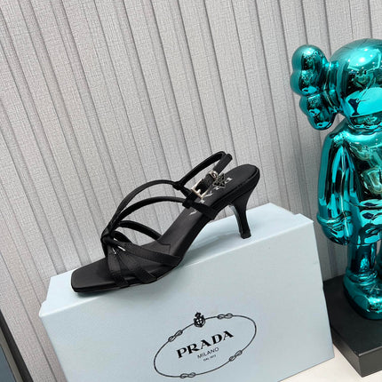PRADA 26S STRAPPY SANDALS STILETTO HEEL 60MM IN BLACK SATIN