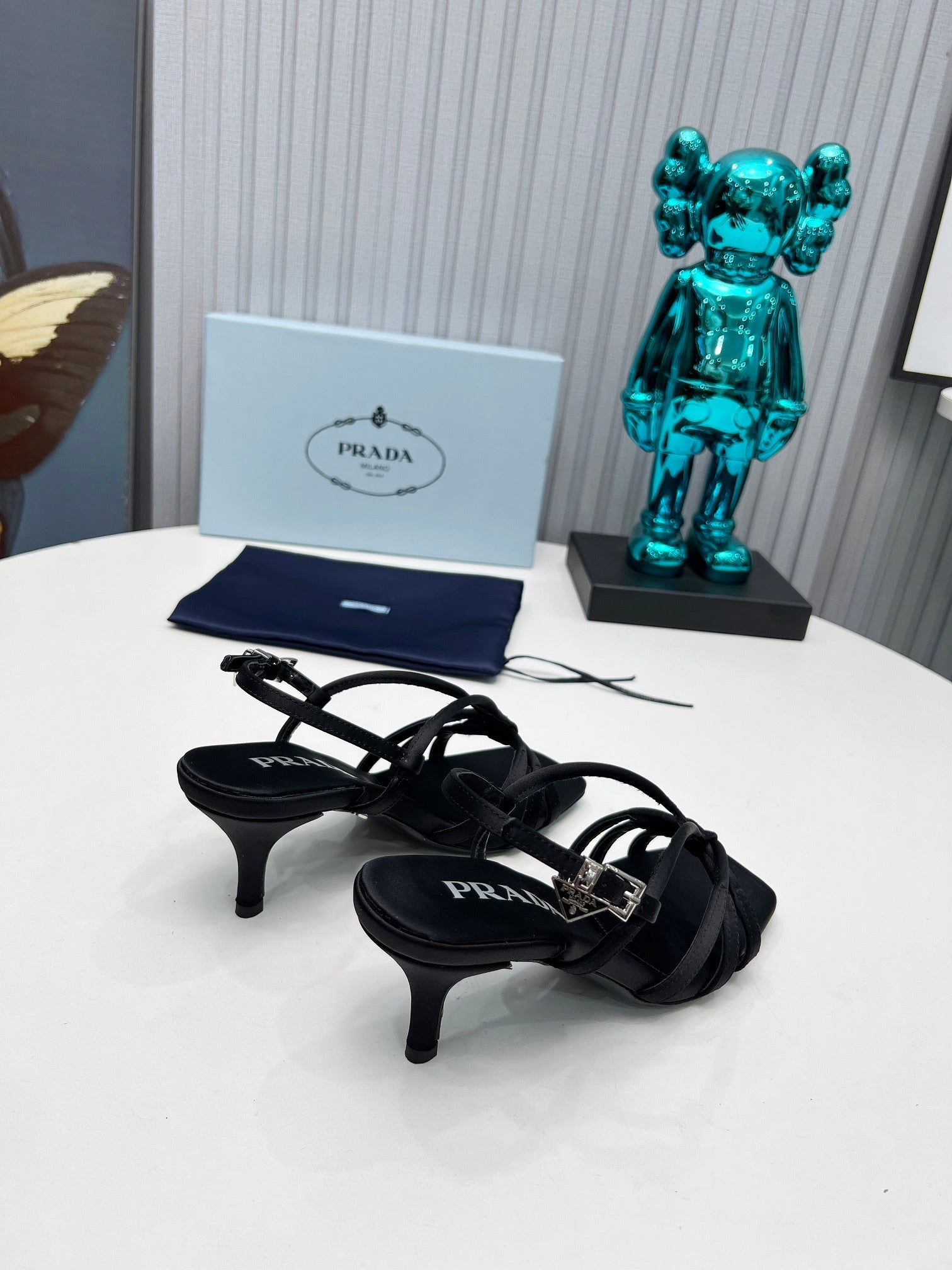 PRADA 26S STRAPPY SANDALS STILETTO HEEL 60MM IN BLACK SATIN