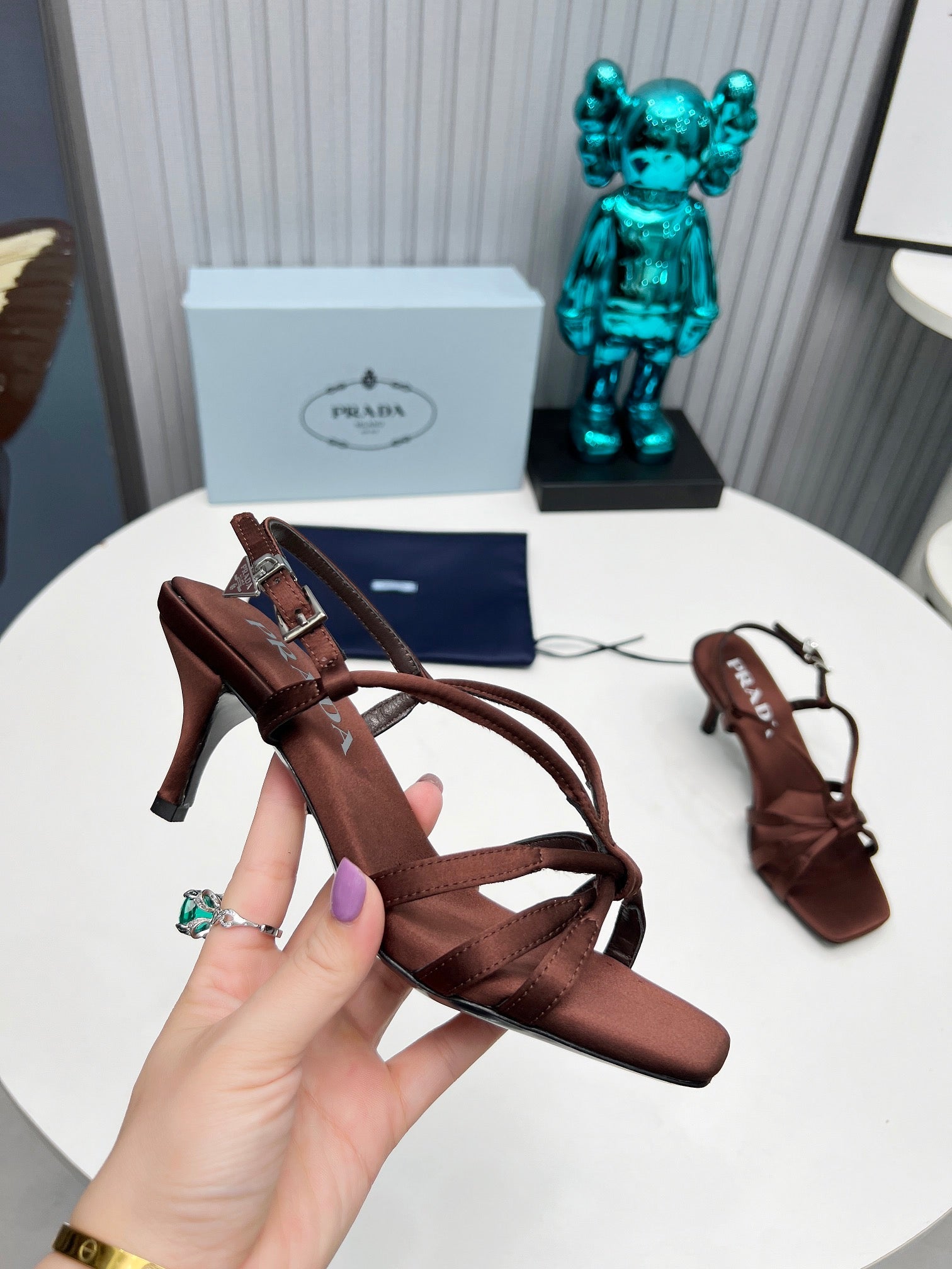 PRADA 26S STRAPPY SANDALS STILETTO HEEL 60MM IN DARK BROWN SATIN