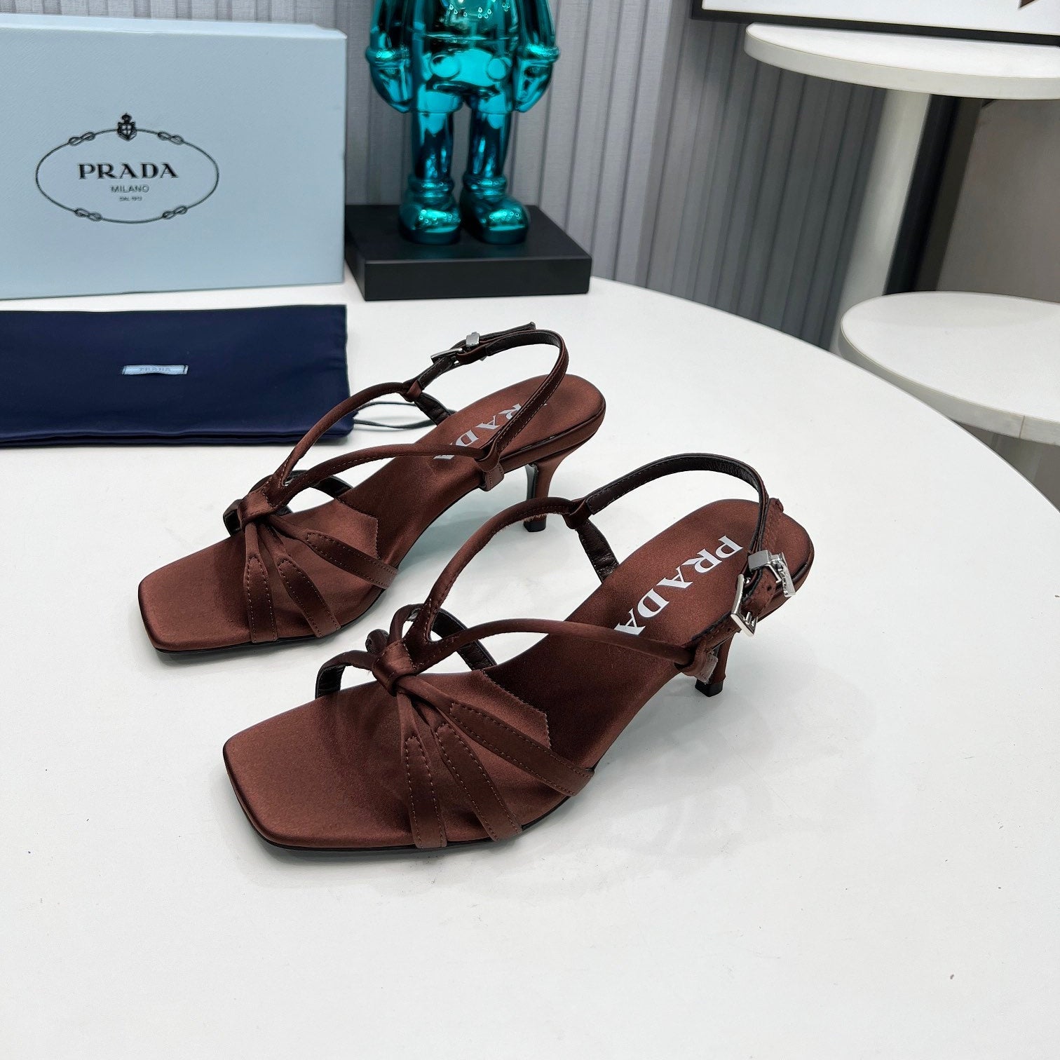 PRADA 26S STRAPPY SANDALS STILETTO HEEL 60MM IN DARK BROWN SATIN