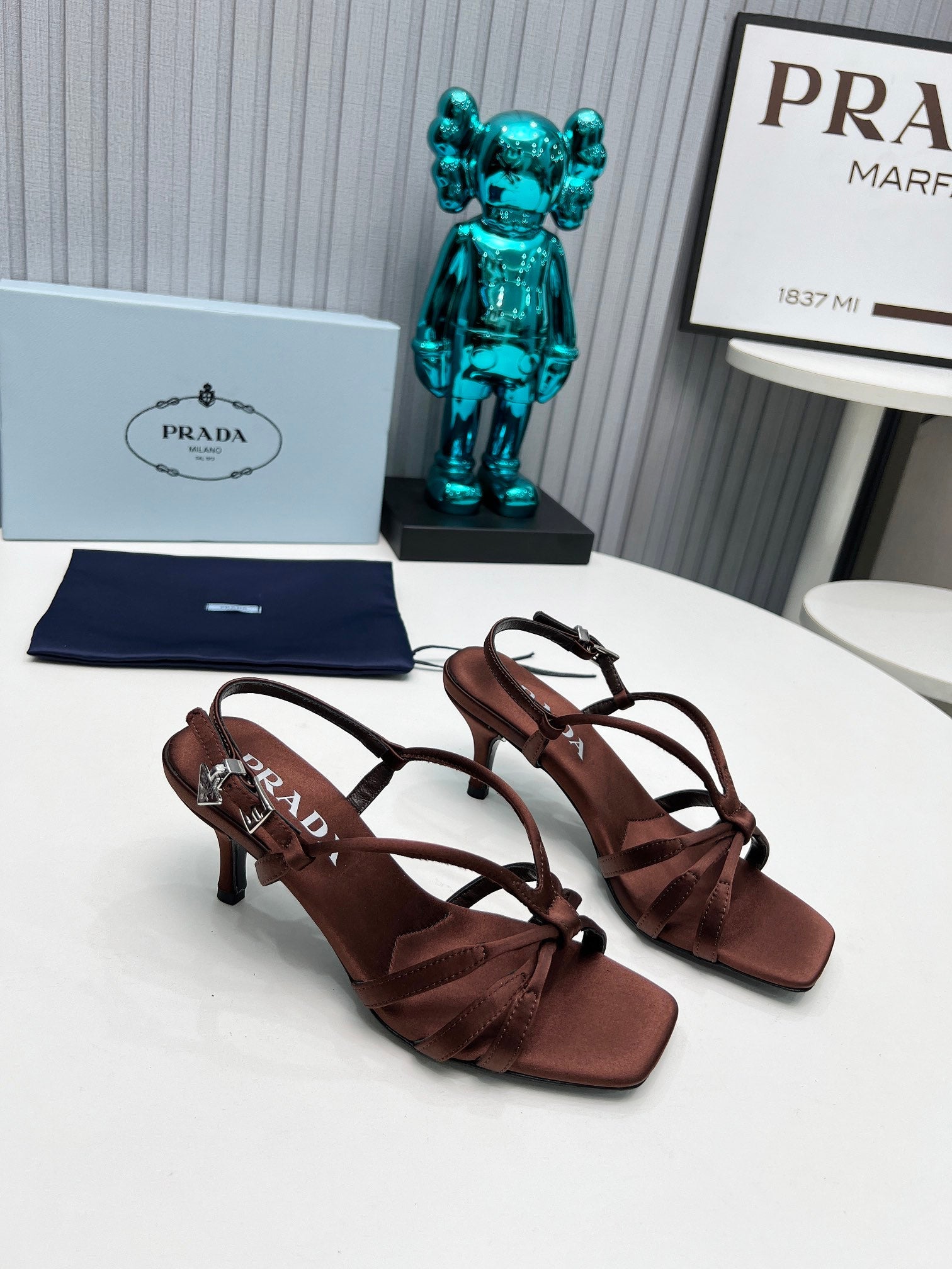 PRADA 26S STRAPPY SANDALS STILETTO HEEL 60MM IN DARK BROWN SATIN