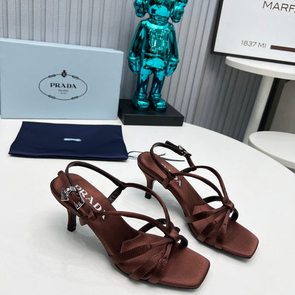 PRADA 26S STRAPPY SANDALS STILETTO HEEL 60MM IN DARK BROWN SATIN