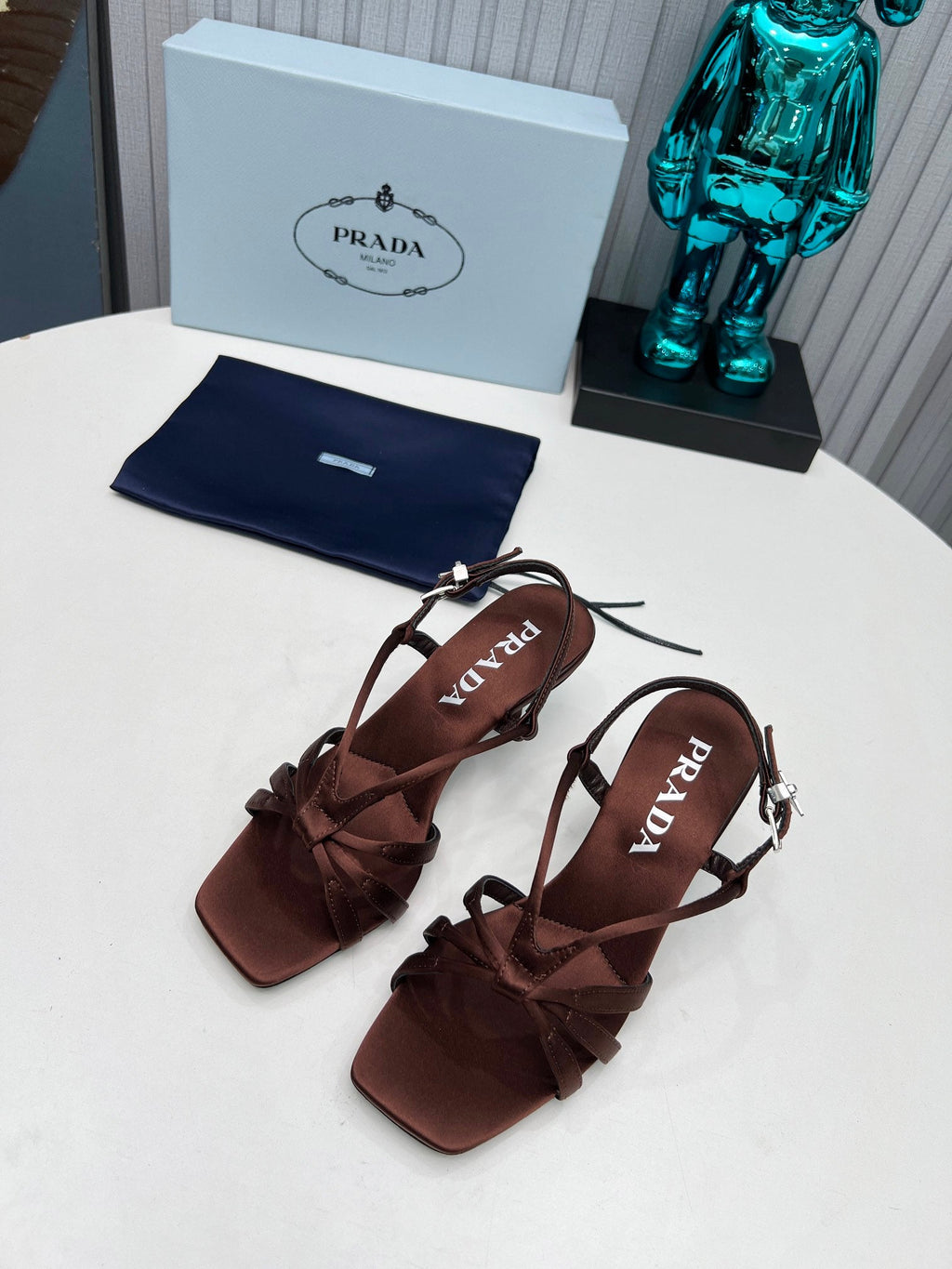 PRADA 26S STRAPPY SANDALS STILETTO HEEL 60MM IN DARK BROWN SATIN