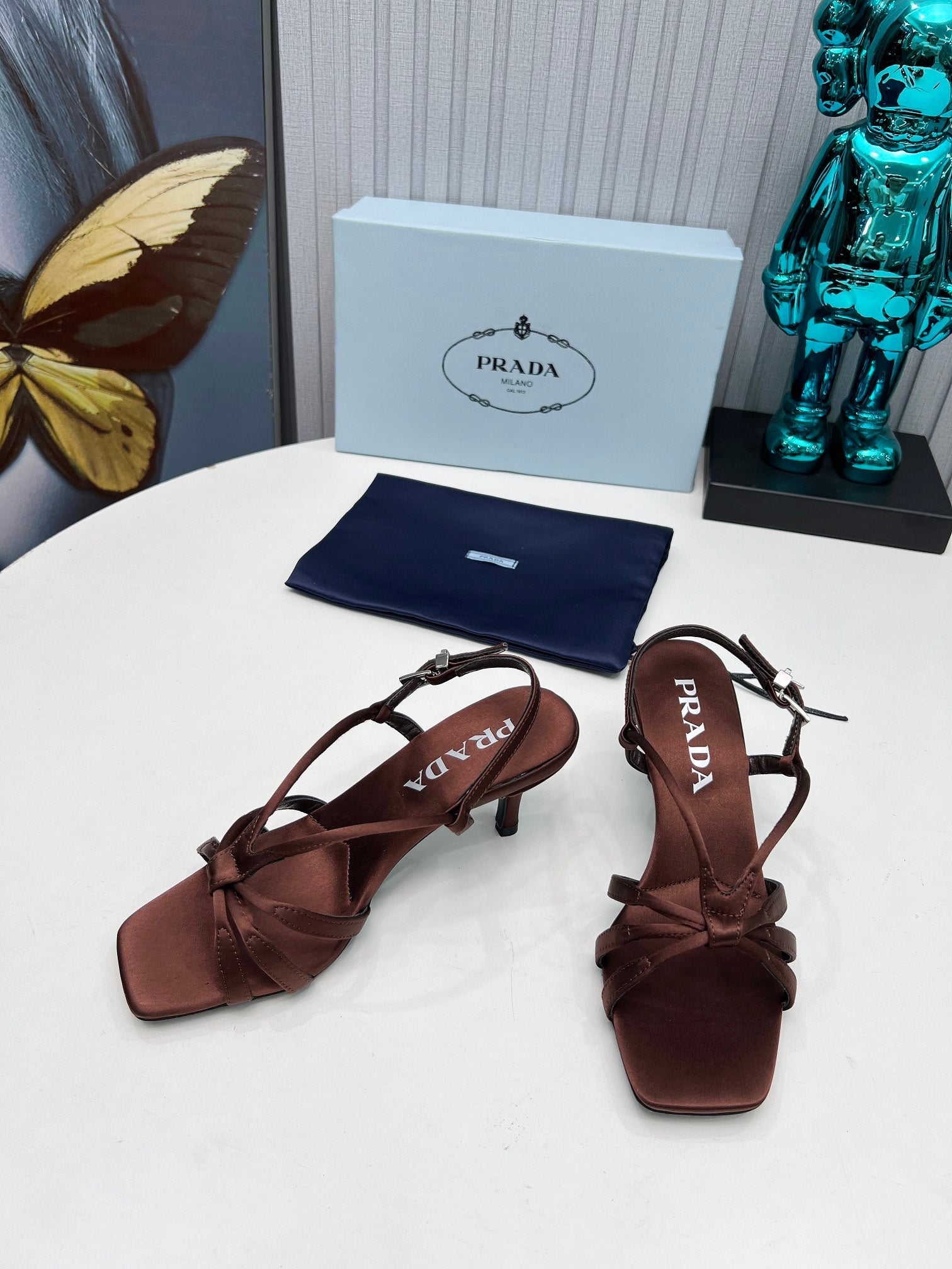 PRADA 26S STRAPPY SANDALS STILETTO HEEL 60MM IN DARK BROWN SATIN