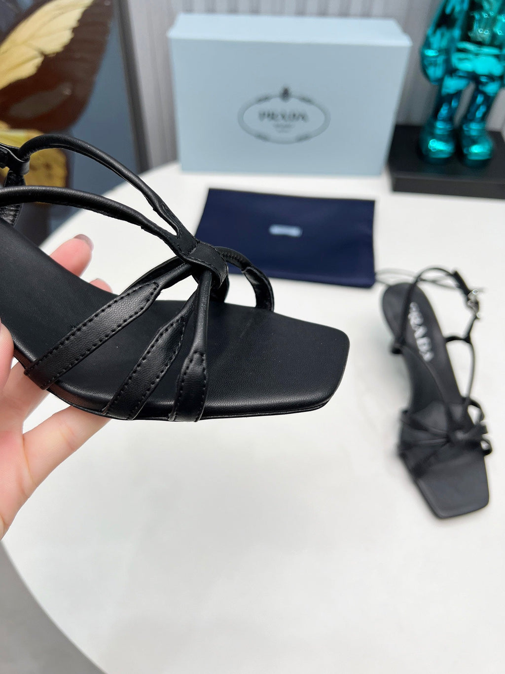 PRADA 26S STRAPPY SANDALS STILETTO HEEL 60MM IN BLACK CALFSKIN