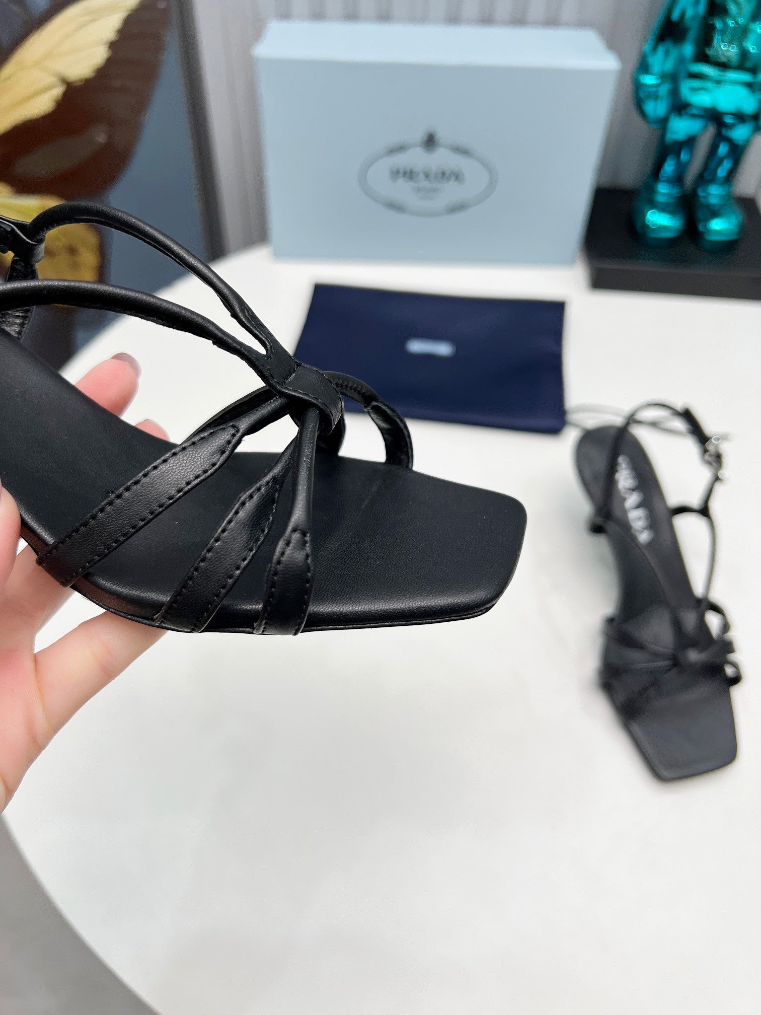 PRADA 26S STRAPPY SANDALS STILETTO HEEL 60MM IN BLACK CALFSKIN