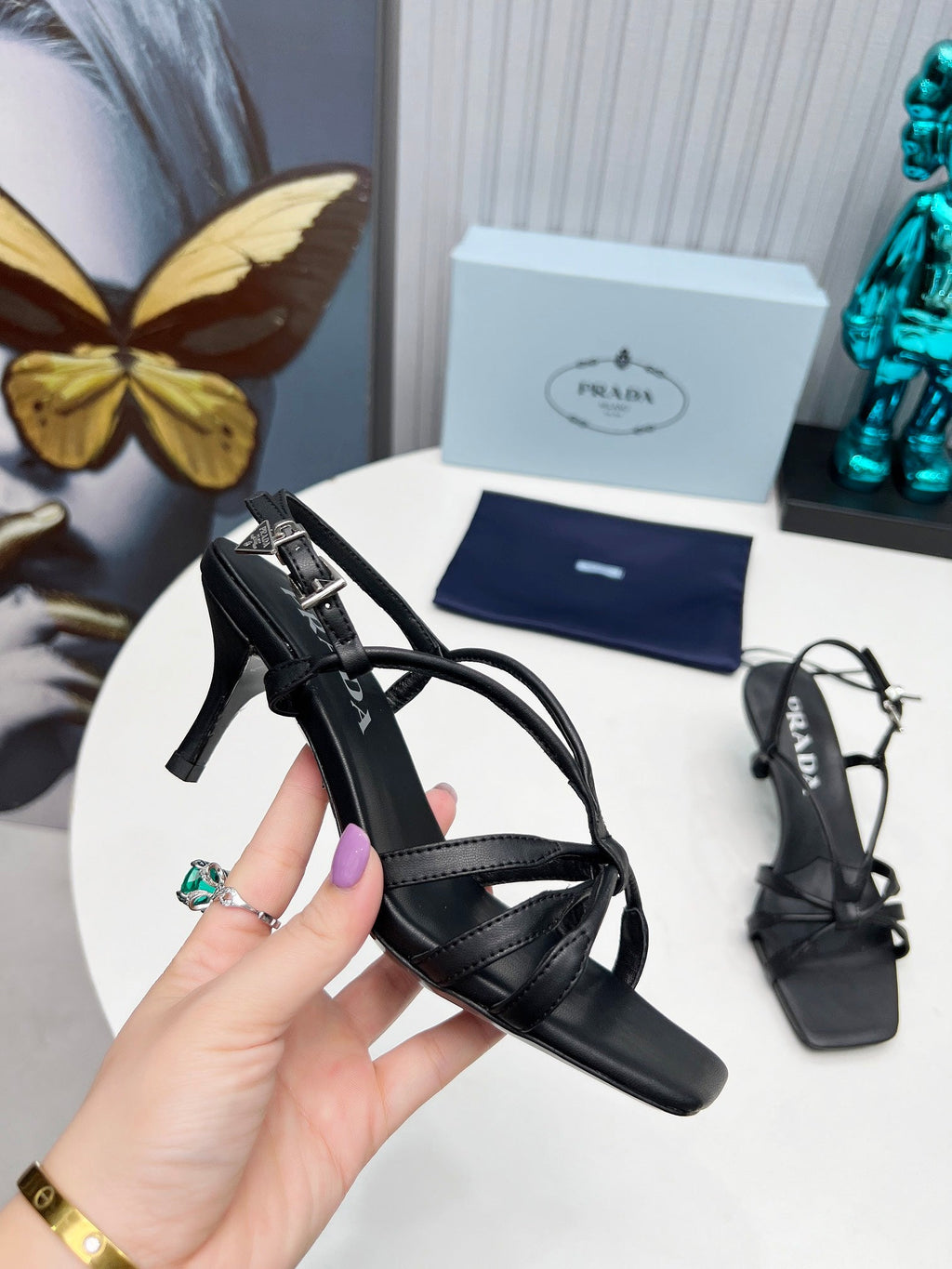 PRADA 26S STRAPPY SANDALS STILETTO HEEL 60MM IN BLACK CALFSKIN