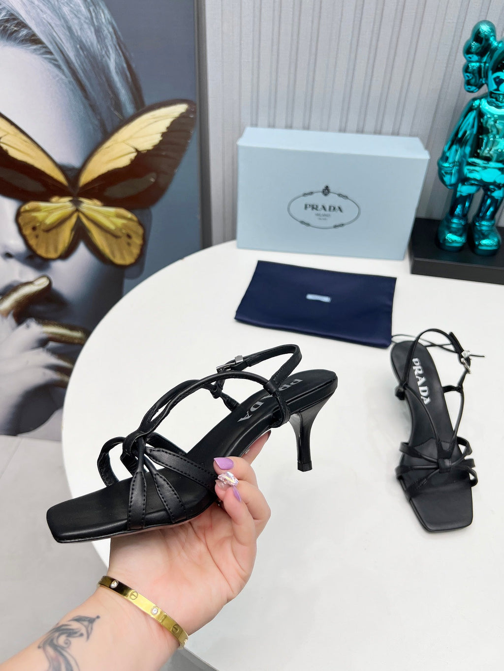 PRADA 26S STRAPPY SANDALS STILETTO HEEL 60MM IN BLACK CALFSKIN