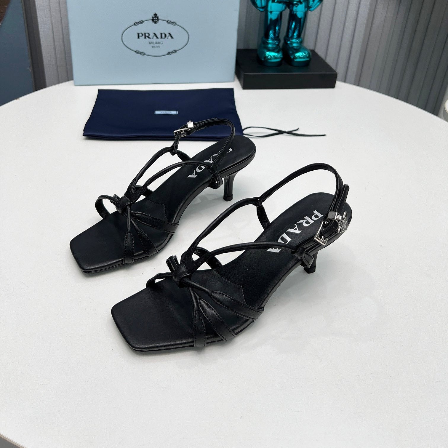 PRADA 26S STRAPPY SANDALS STILETTO HEEL 60MM IN BLACK CALFSKIN