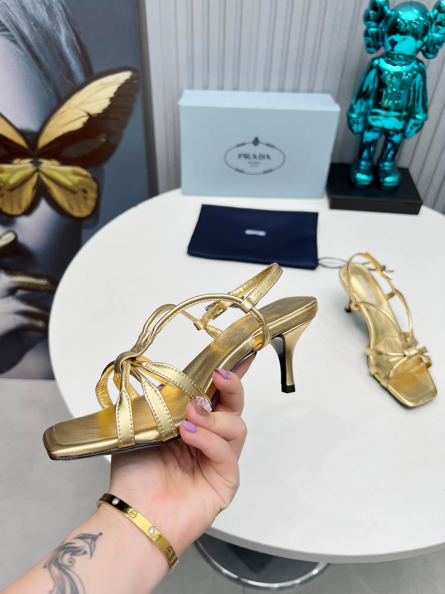 PRADA 26S STRAPPY SANDALS STILETTO HEEL 60MM IN GOLD CALFSKIN