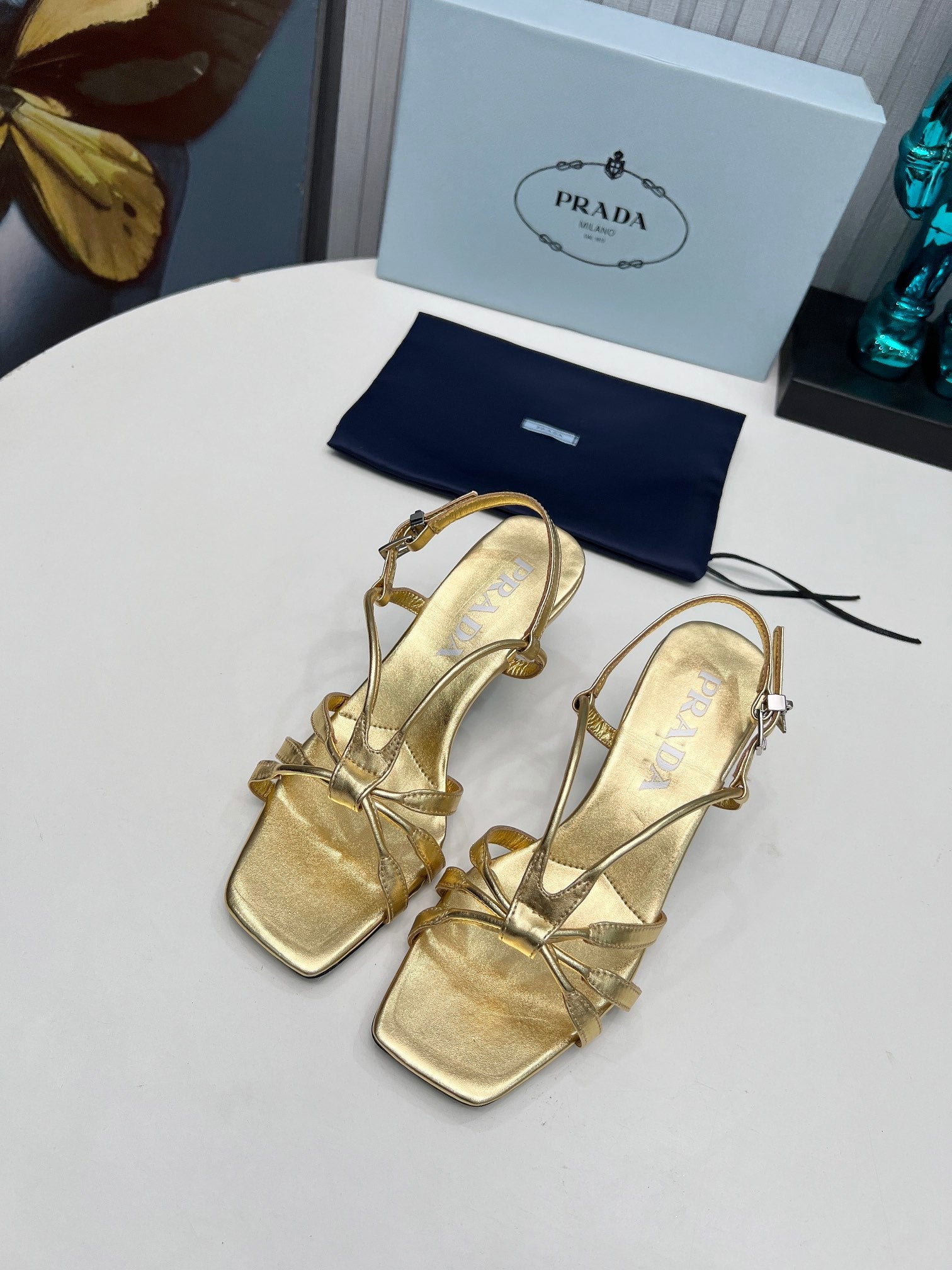PRADA 26S STRAPPY SANDALS STILETTO HEEL 60MM IN GOLD CALFSKIN