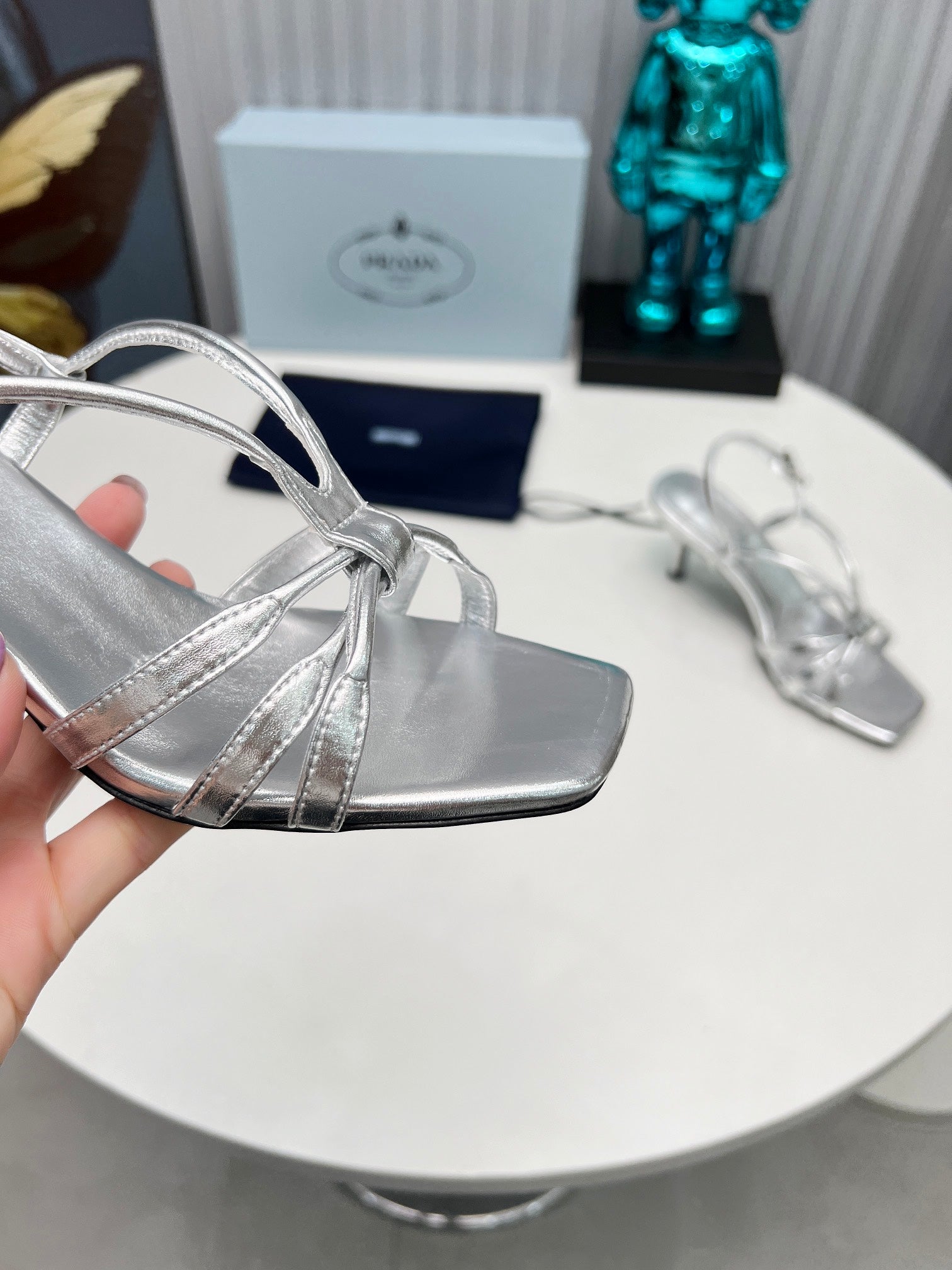 PRADA 26S STRAPPY SANDALS STILETTO HEEL 60MM IN SILVER CALFSKIN