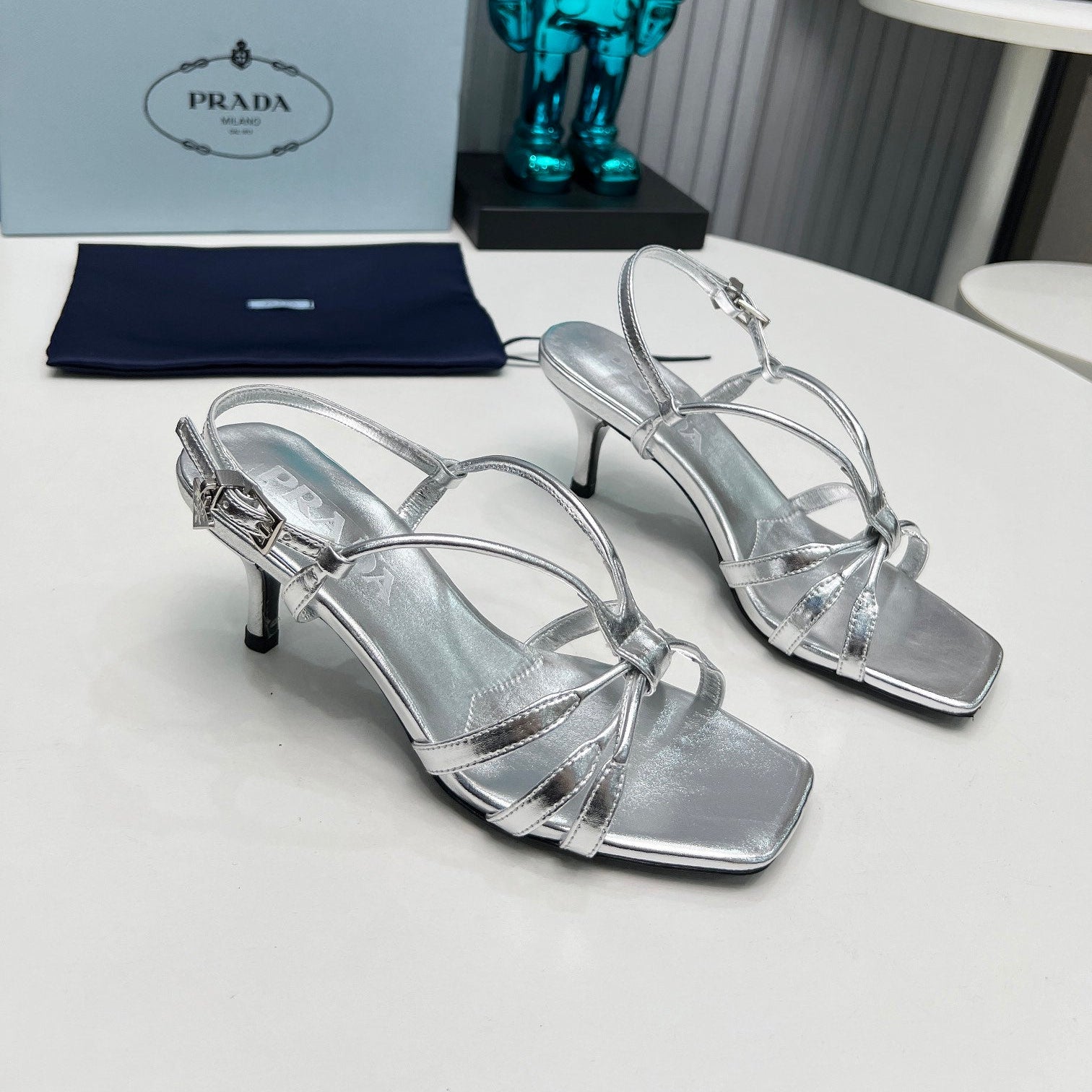 PRADA 26S STRAPPY SANDALS STILETTO HEEL 60MM IN SILVER CALFSKIN