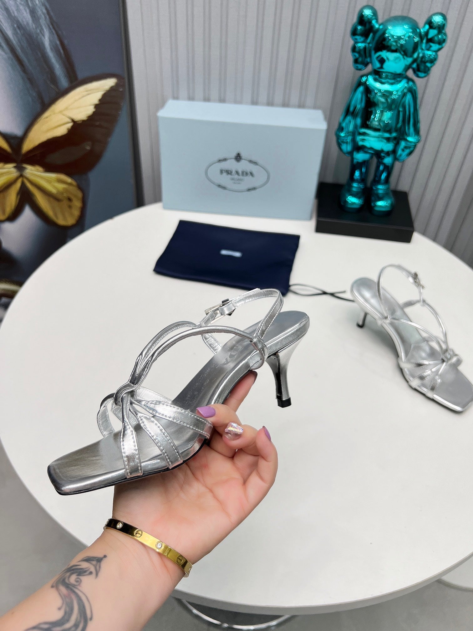 PRADA 26S STRAPPY SANDALS STILETTO HEEL 60MM IN SILVER CALFSKIN
