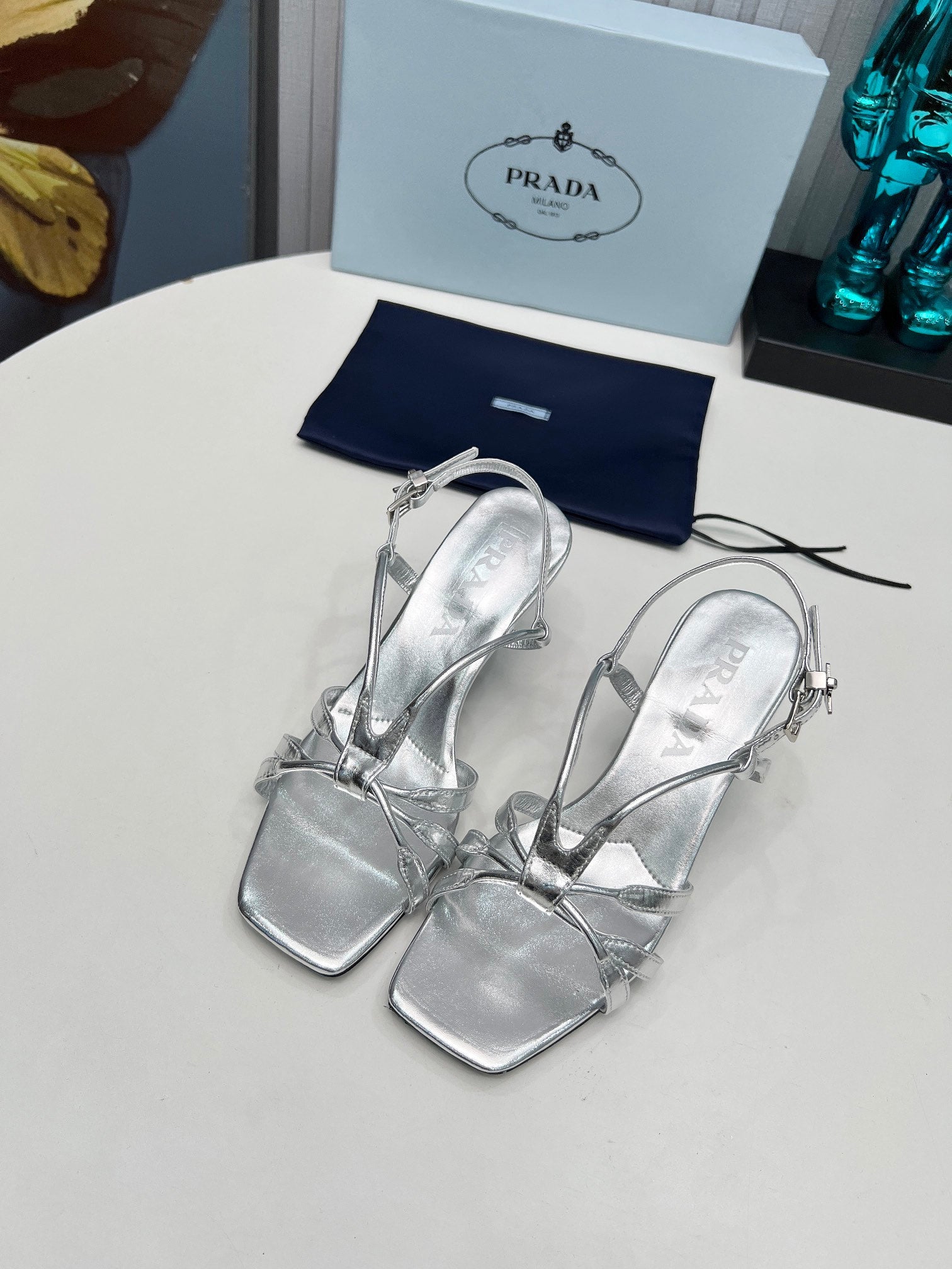 PRADA 26S STRAPPY SANDALS STILETTO HEEL 60MM IN SILVER CALFSKIN