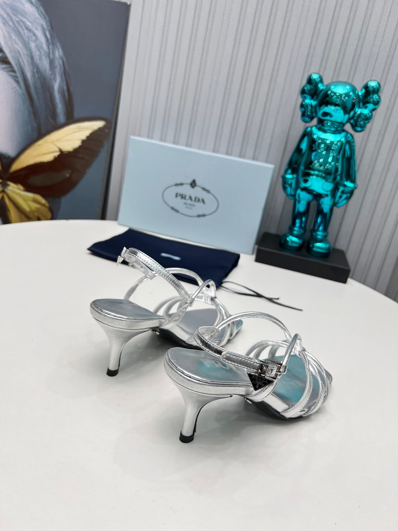 PRADA 26S STRAPPY SANDALS STILETTO HEEL 60MM IN SILVER CALFSKIN