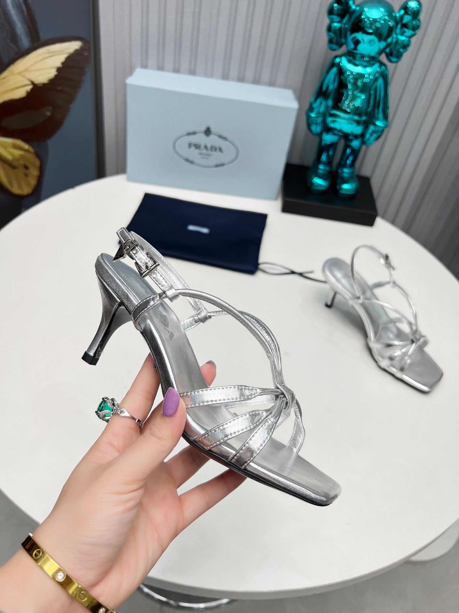 PRADA 26S STRAPPY SANDALS STILETTO HEEL 60MM IN SILVER CALFSKIN