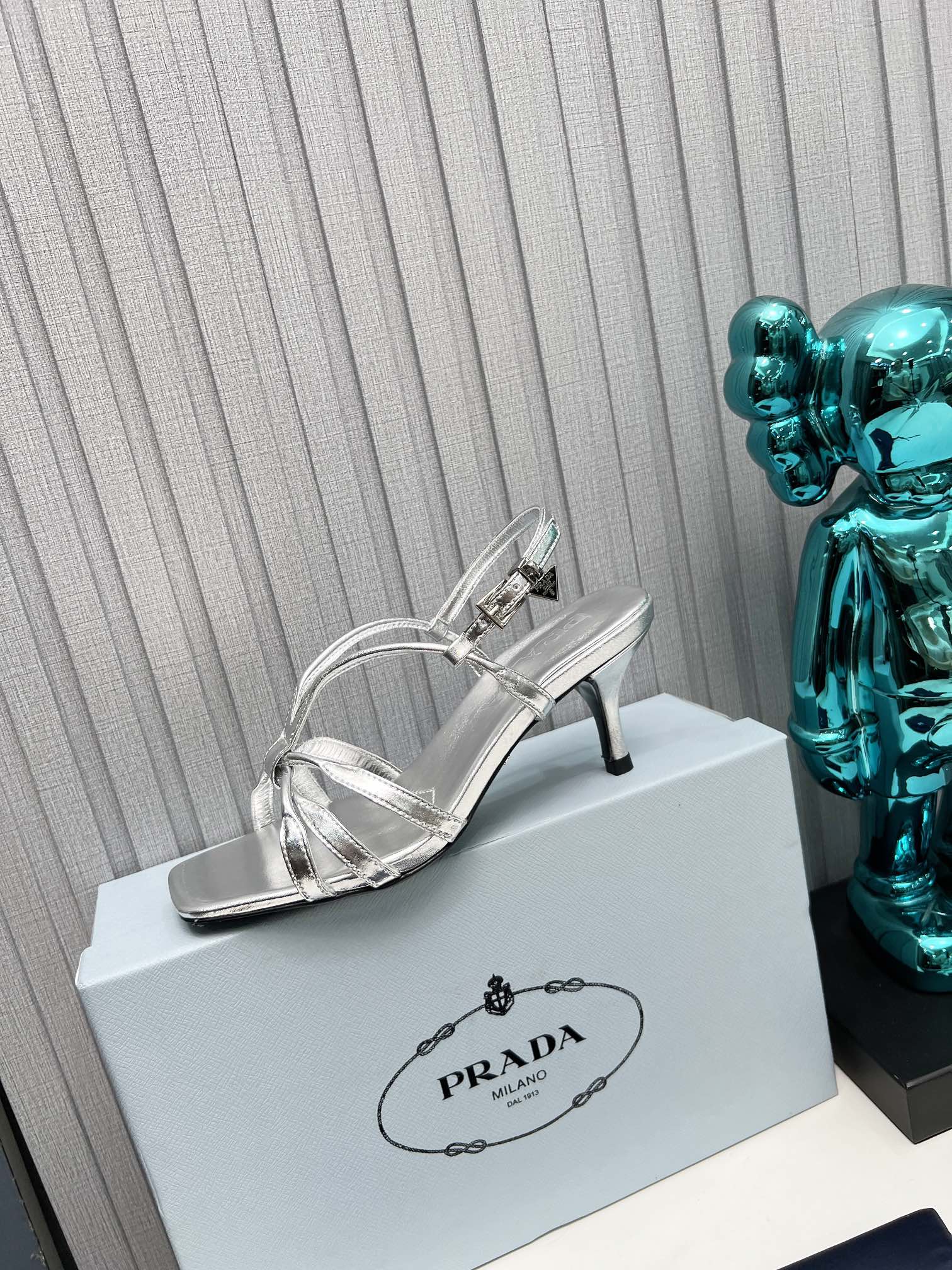 PRADA 26S STRAPPY SANDALS STILETTO HEEL 60MM IN SILVER CALFSKIN