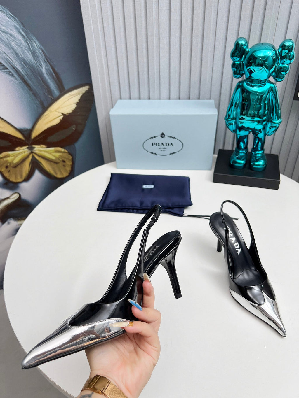 HIGH SLING BACK PUMPS IN SILVER MIX BLACK GLOSSY CALFSKIN