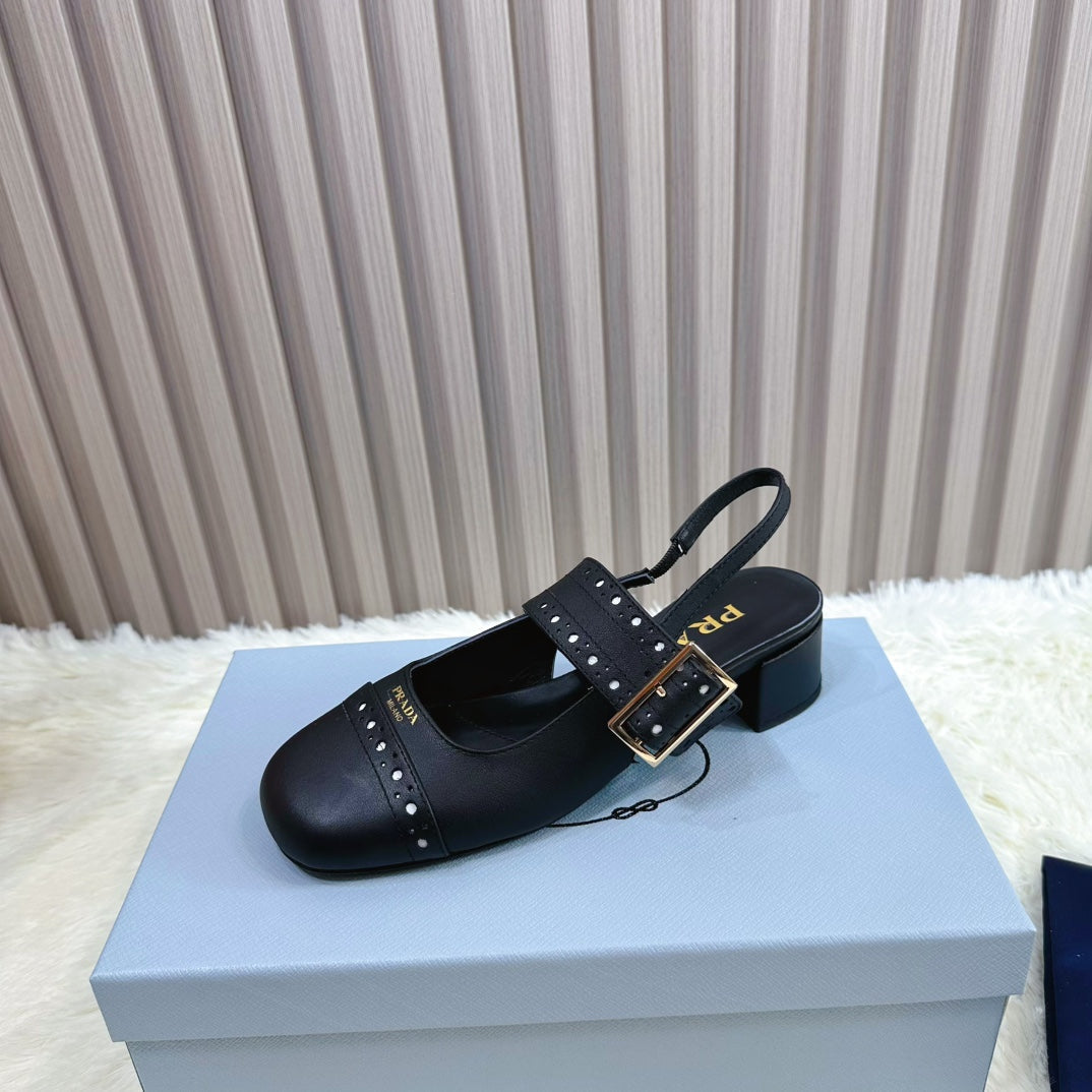PRADA 26S SQUARE TOE STUDDED SLINGBACK BLOCK HEEL 40MM IN BLACK CALFSKIN