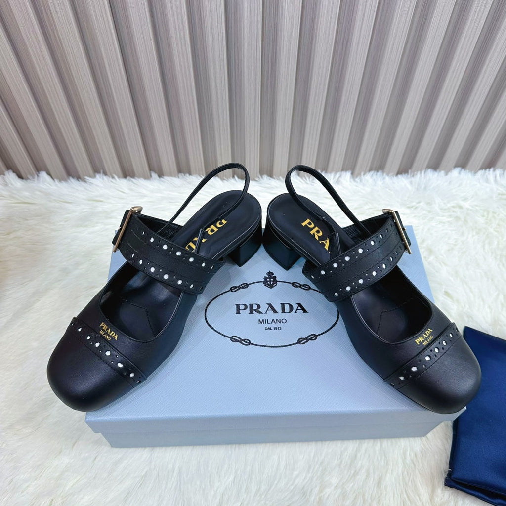PRADA 26S SQUARE TOE STUDDED SLINGBACK BLOCK HEEL 40MM IN BLACK CALFSKIN