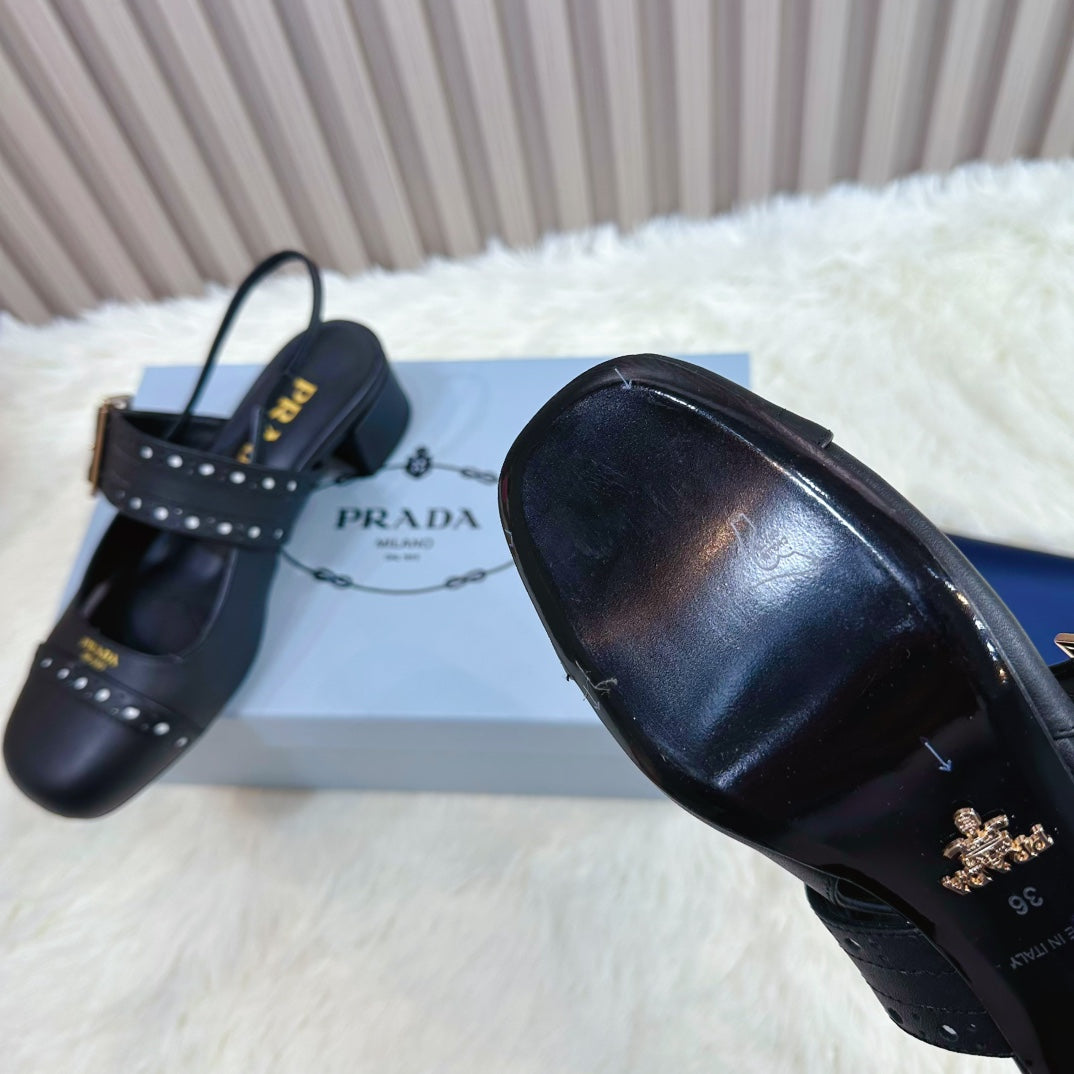 PRADA 26S SQUARE TOE STUDDED SLINGBACK BLOCK HEEL 40MM IN BLACK CALFSKIN