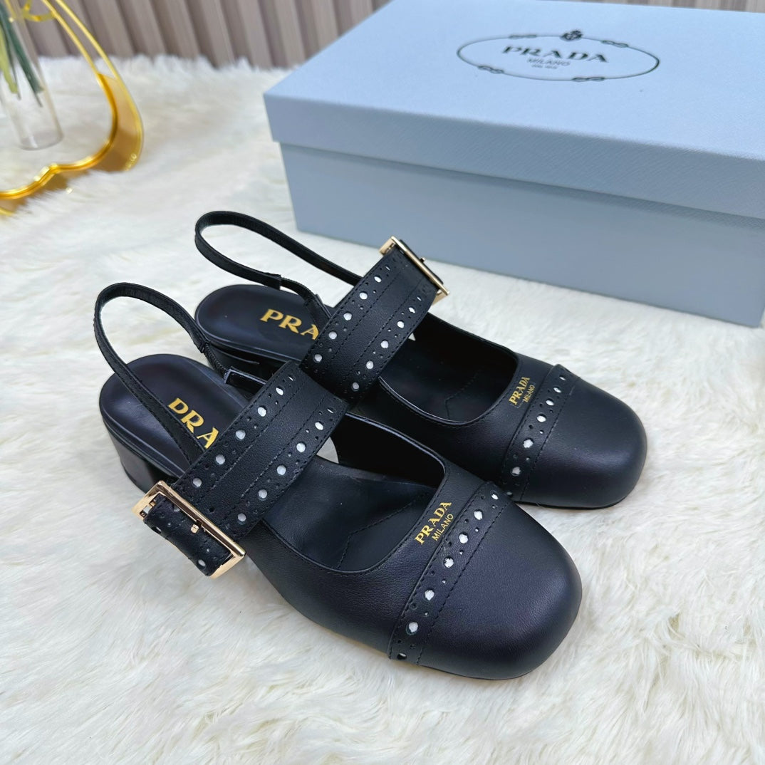 PRADA 26S SQUARE TOE STUDDED SLINGBACK BLOCK HEEL 40MM IN BLACK CALFSKIN