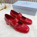 PRADA 26S ROUND TOE MARY JANE 40MM IN RED PATENT CALFSKIN WITH STUD DETAIL