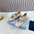 PRADA 26S ROUND TOE MARY JANE 40MM IN BEIGE PATENT CALFSKIN WITH STUD DETAIL