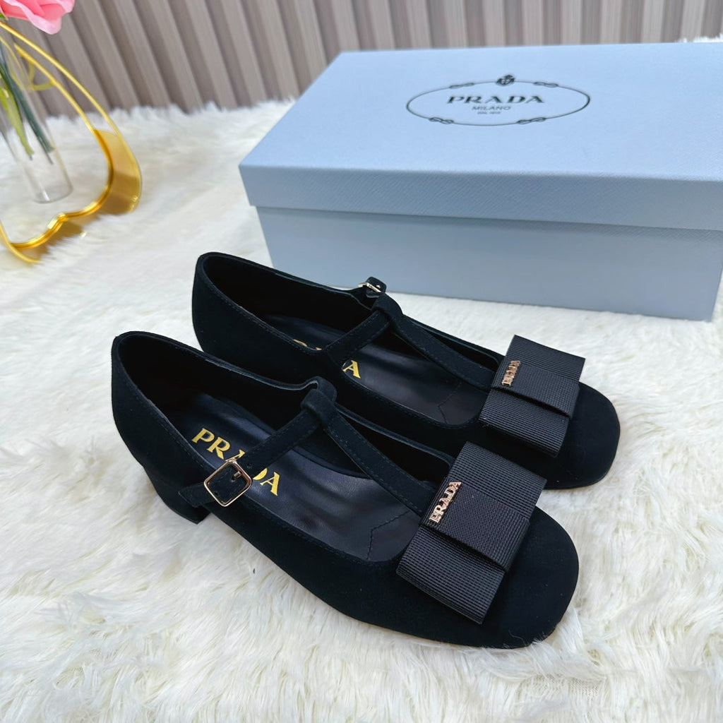 PRADA 26S T-STRAP MARY JANE PUMPS 40MM IN BLACK SUEDE WITH BOW