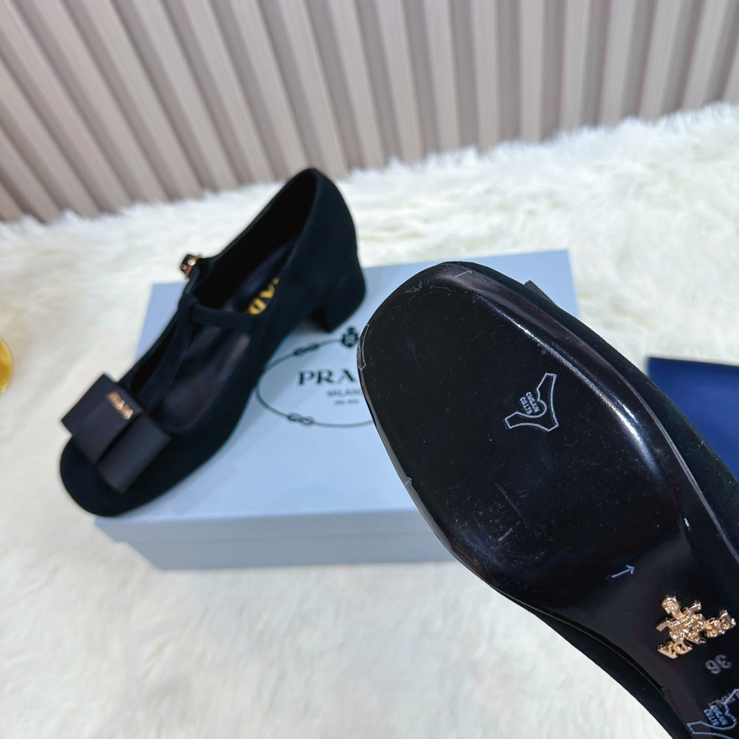 PRADA 26S T-STRAP MARY JANE PUMPS 40MM IN BLACK SUEDE WITH BOW