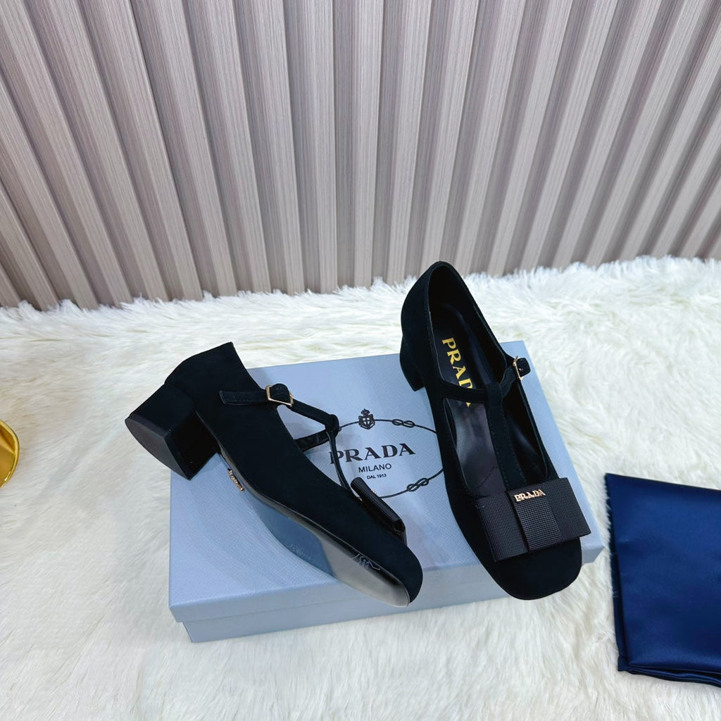 PRADA 26S T-STRAP MARY JANE PUMPS 40MM IN BLACK SUEDE WITH BOW