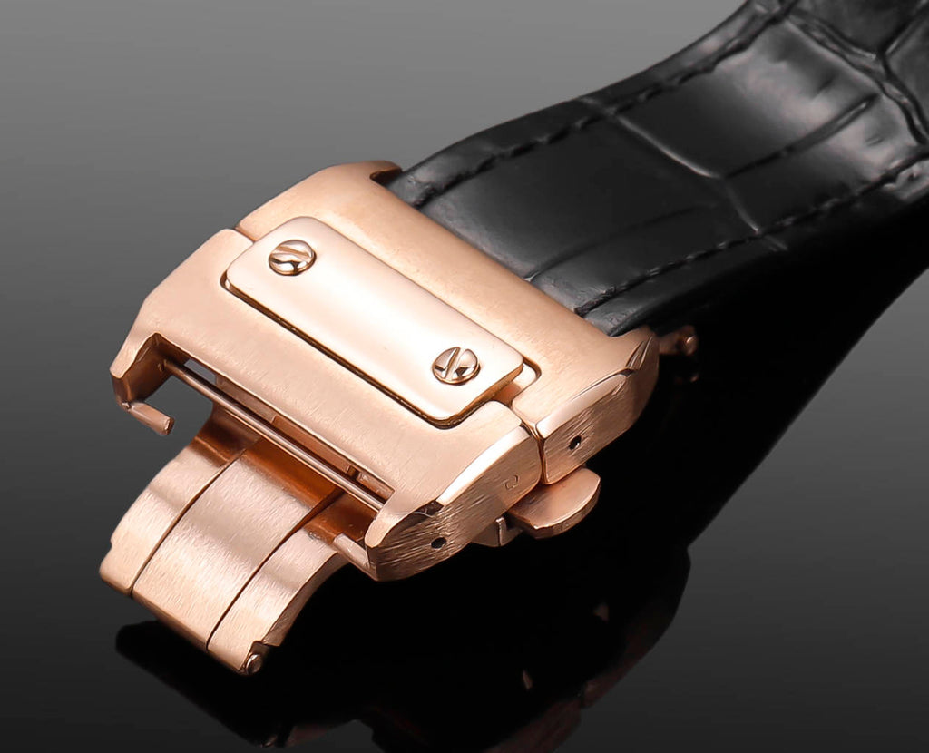 CARTIER SANTOS CHRONOGRAPH WATCH ROSE GOLD CASE WITH BLACK LEATHER STRAP