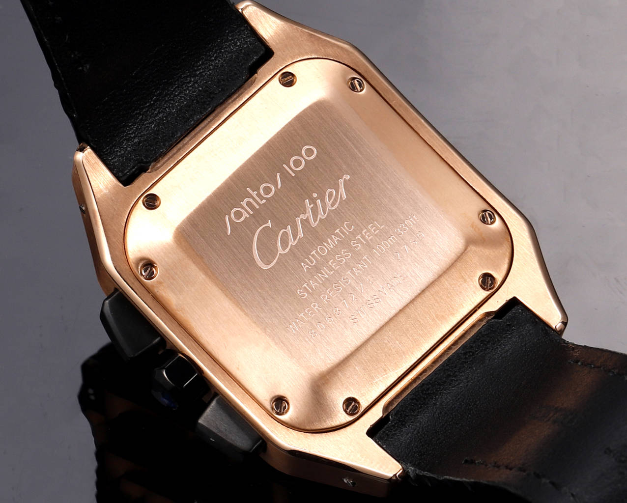 CARTIER SANTOS CHRONOGRAPH WATCH ROSE GOLD CASE WITH BLACK LEATHER STRAP