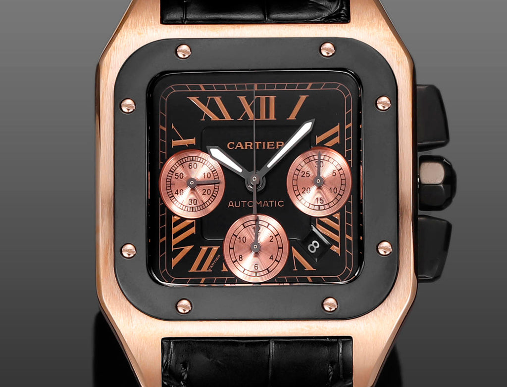 CARTIER SANTOS CHRONOGRAPH WATCH ROSE GOLD CASE WITH BLACK LEATHER STRAP