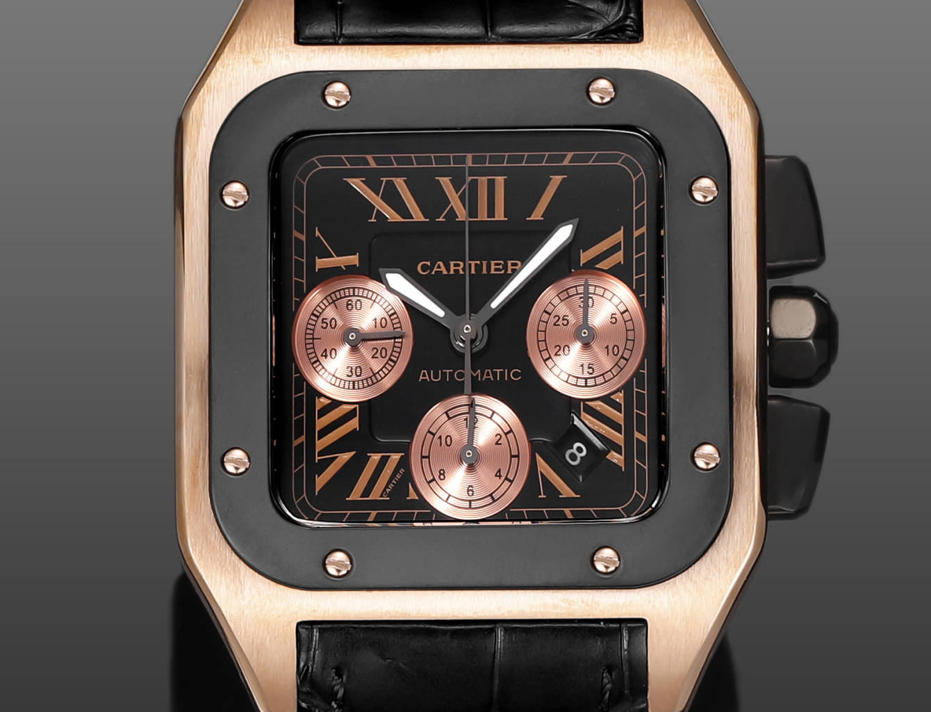 CARTIER SANTOS CHRONOGRAPH WATCH ROSE GOLD CASE WITH BLACK LEATHER STRAP