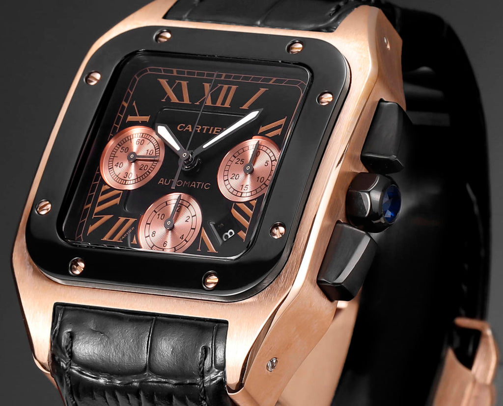 CARTIER SANTOS CHRONOGRAPH WATCH ROSE GOLD CASE WITH BLACK LEATHER STRAP