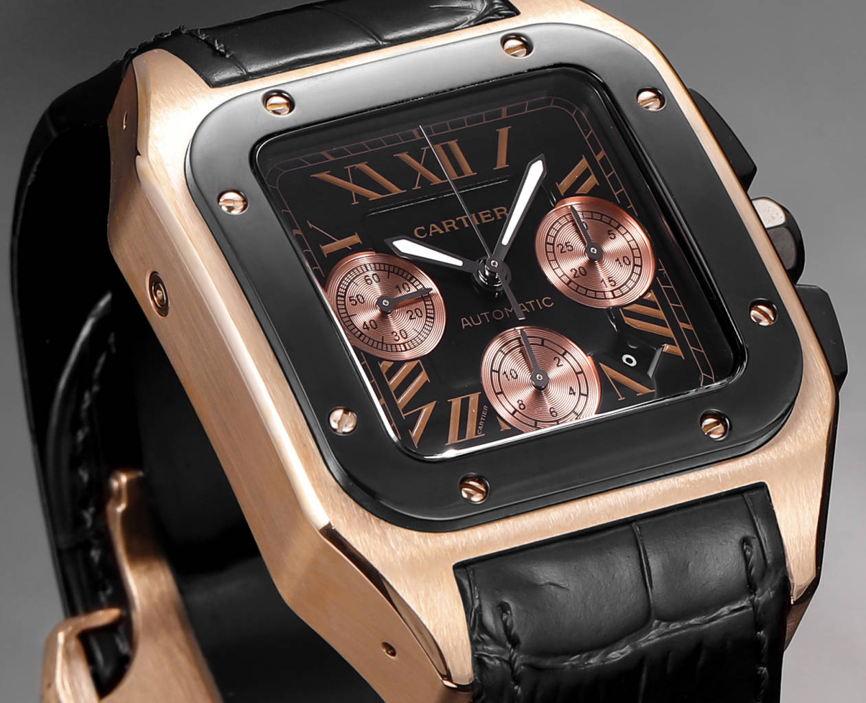CARTIER SANTOS CHRONOGRAPH WATCH ROSE GOLD CASE WITH BLACK LEATHER STRAP