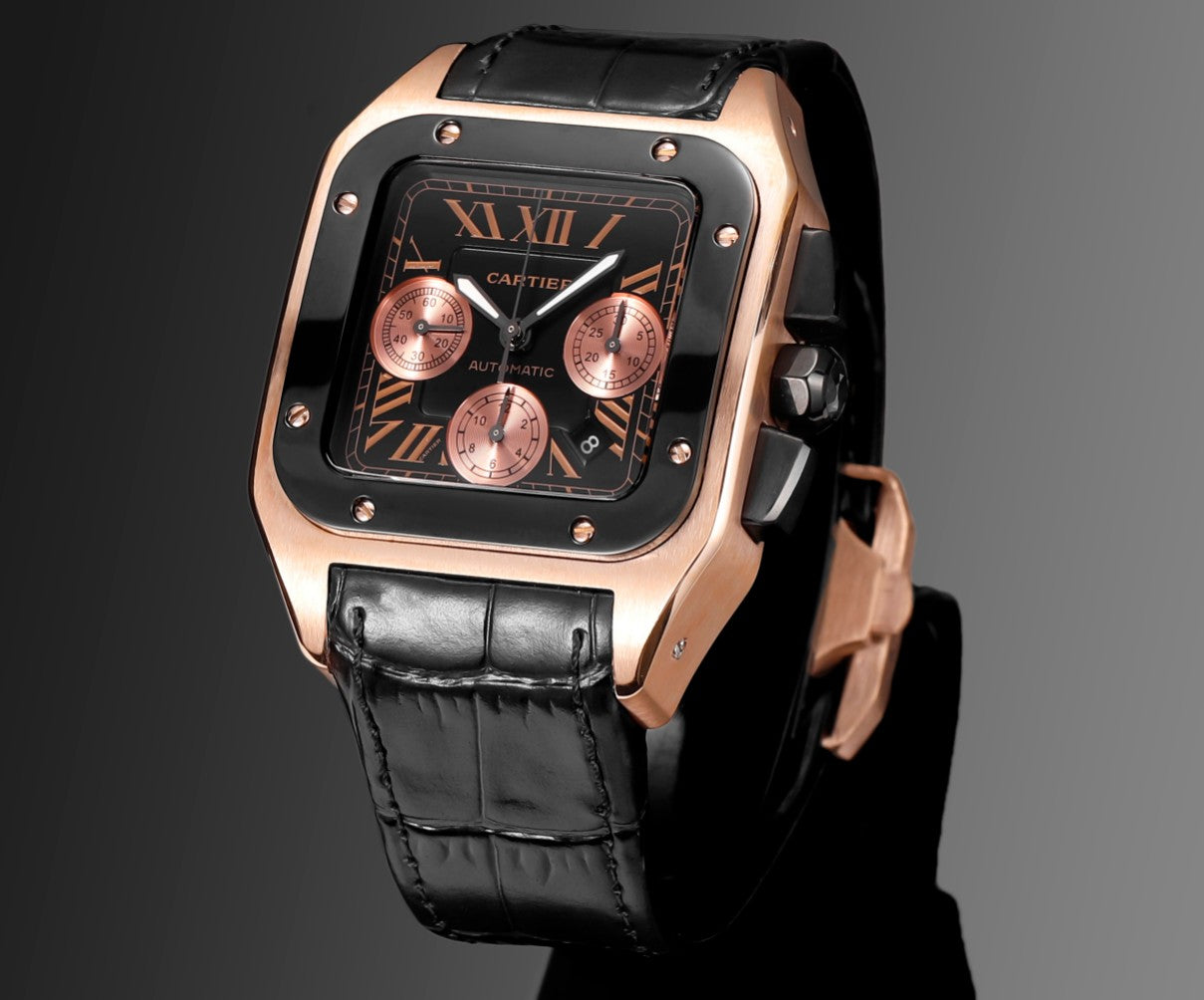 CARTIER SANTOS CHRONOGRAPH WATCH ROSE GOLD CASE WITH BLACK LEATHER STRAP