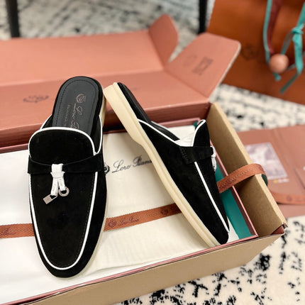 Loro Piana Black White Suede Charms Walk Flat Mules
