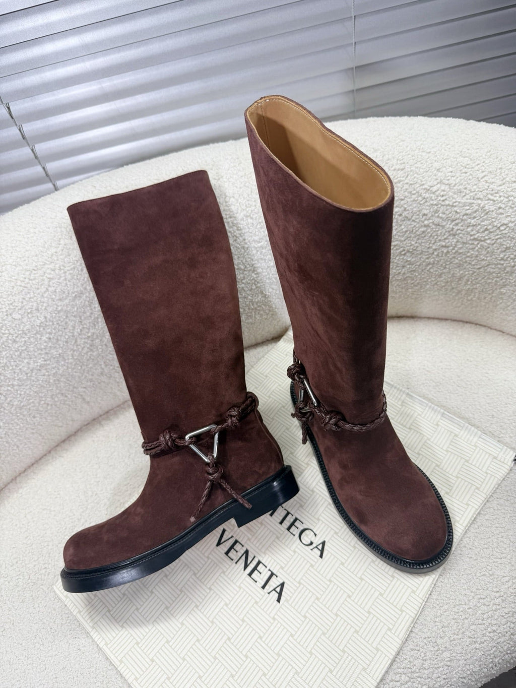 BOTTEGA VENETA 26S TALL BOOTS IN BROWN SUEDE WITH ROPE DETAIL